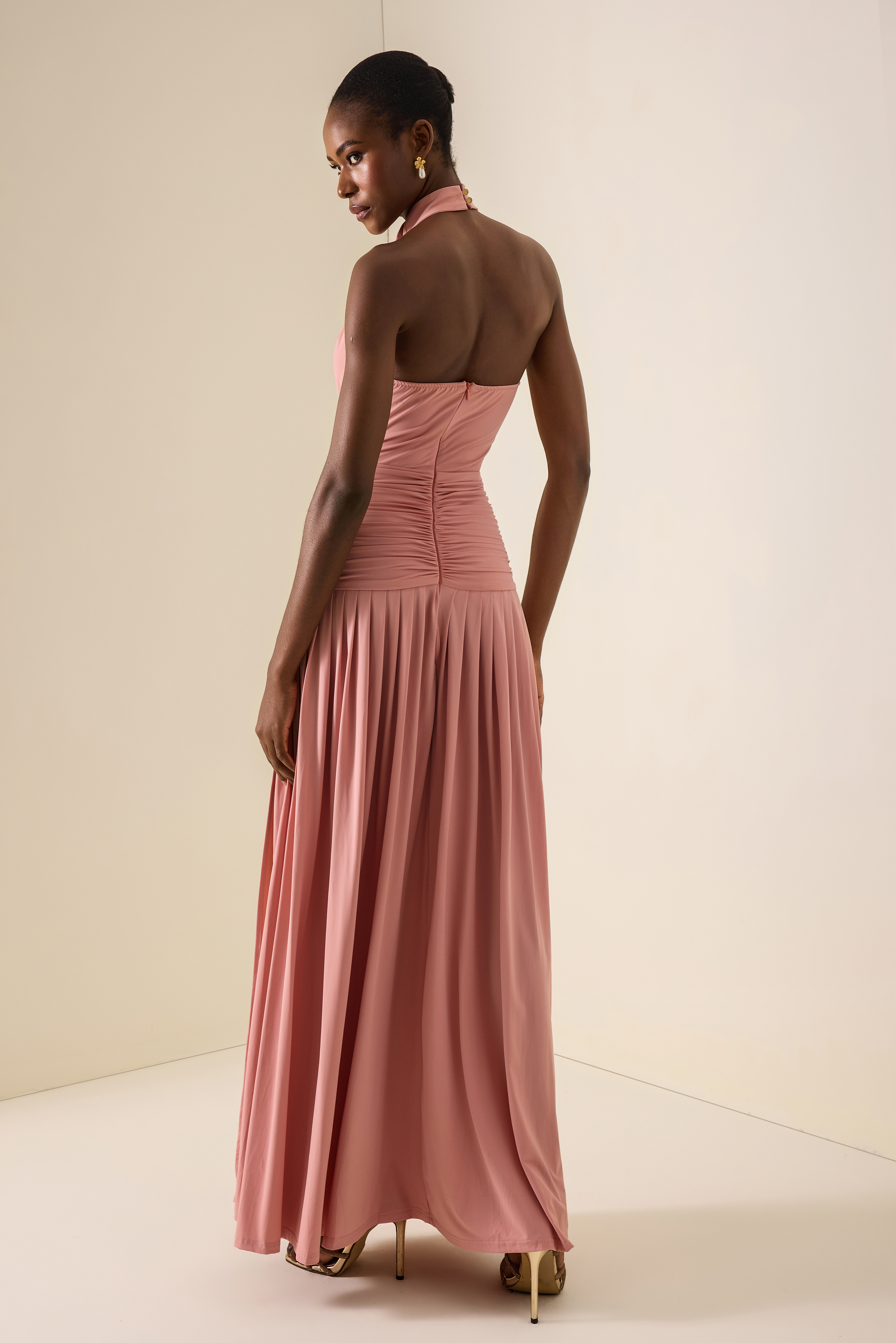 Solid Halter Neck Gathering Maxi Dress