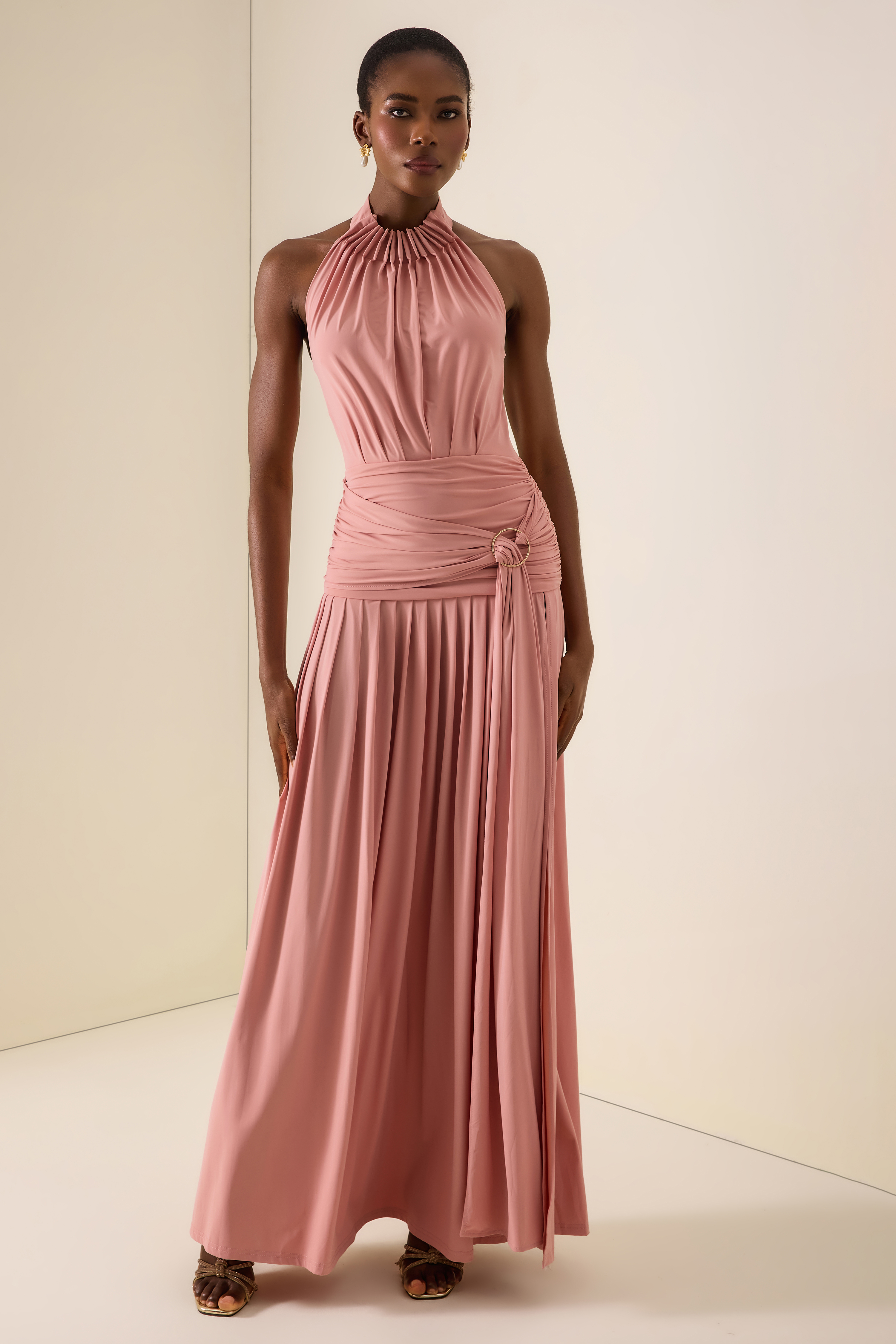 Solid Halter Neck Gathering Maxi Dress