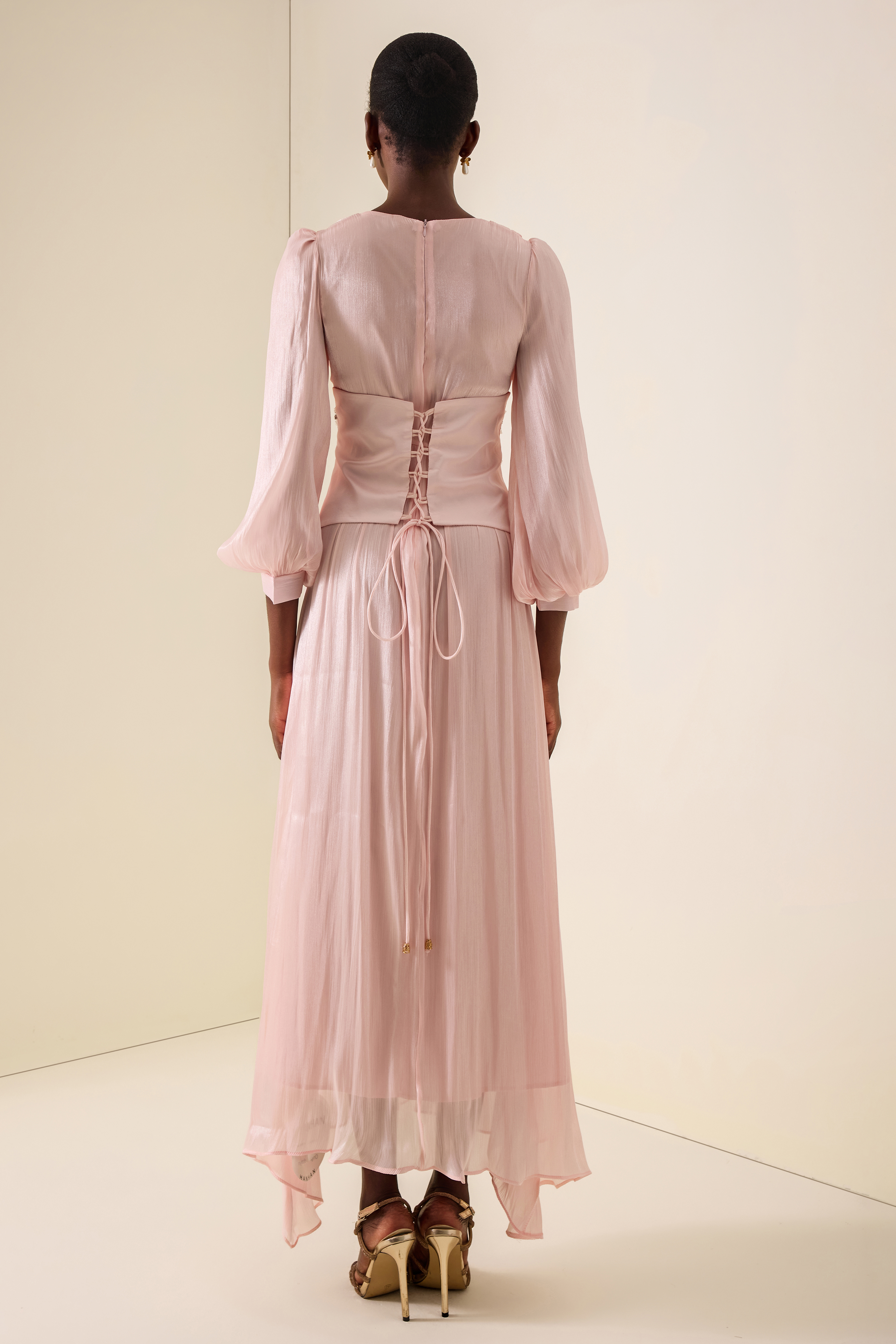 Satin Rhinestone Rivets Lantern Sleeve Maxi Dress