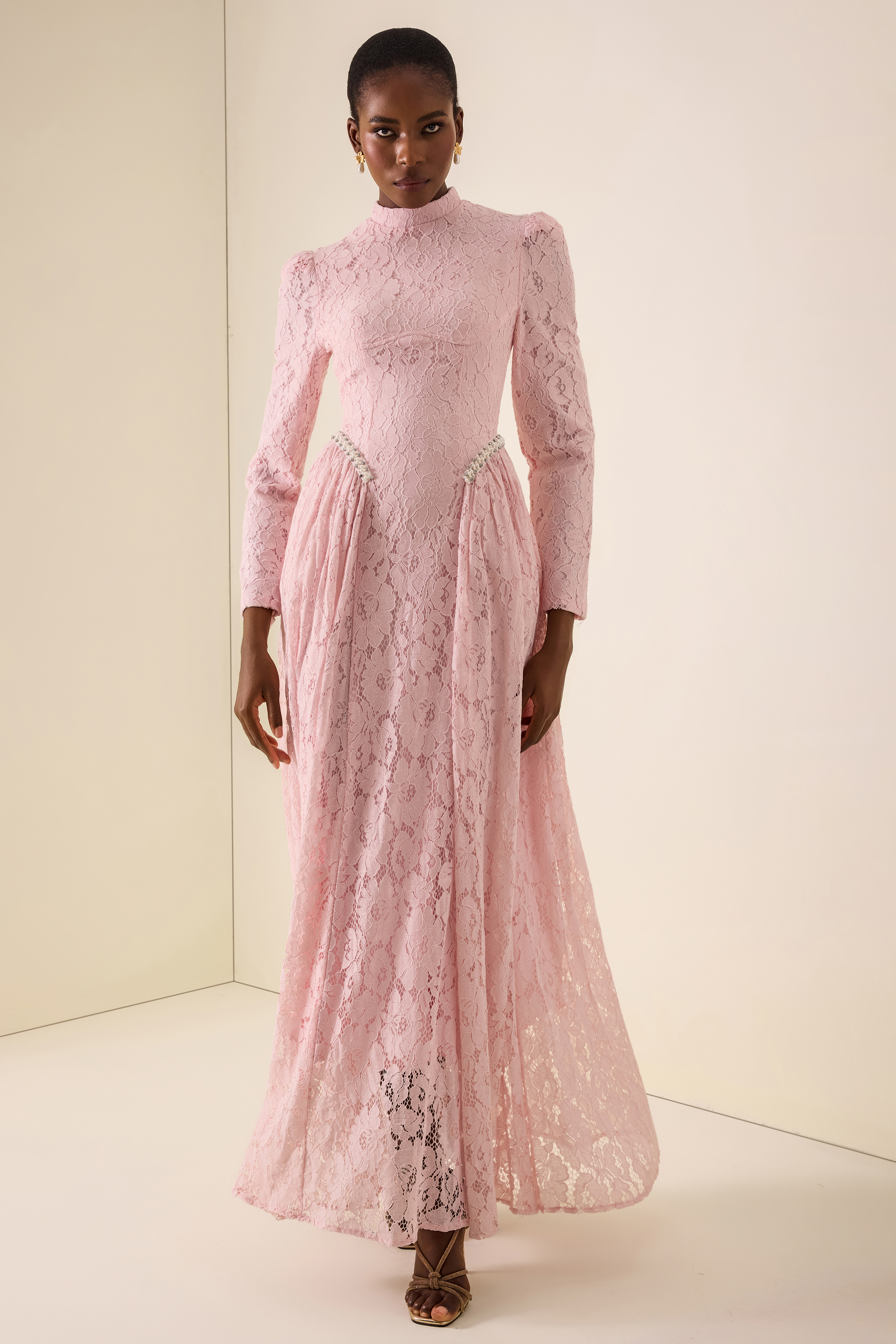 Lace Rivet Long Sleeve Maxi Dress