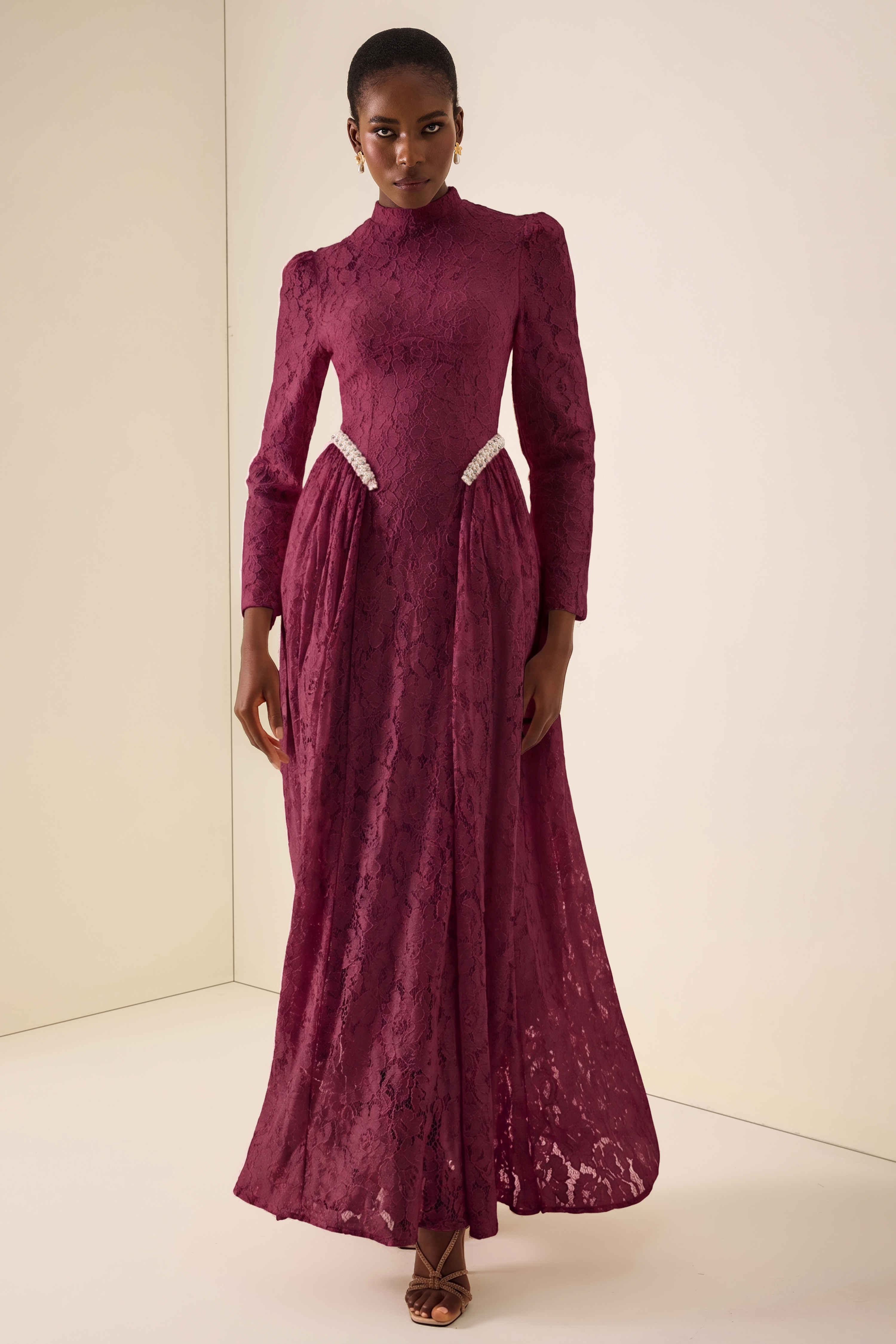 Lace Rivet Long Sleeve Maxi Dress