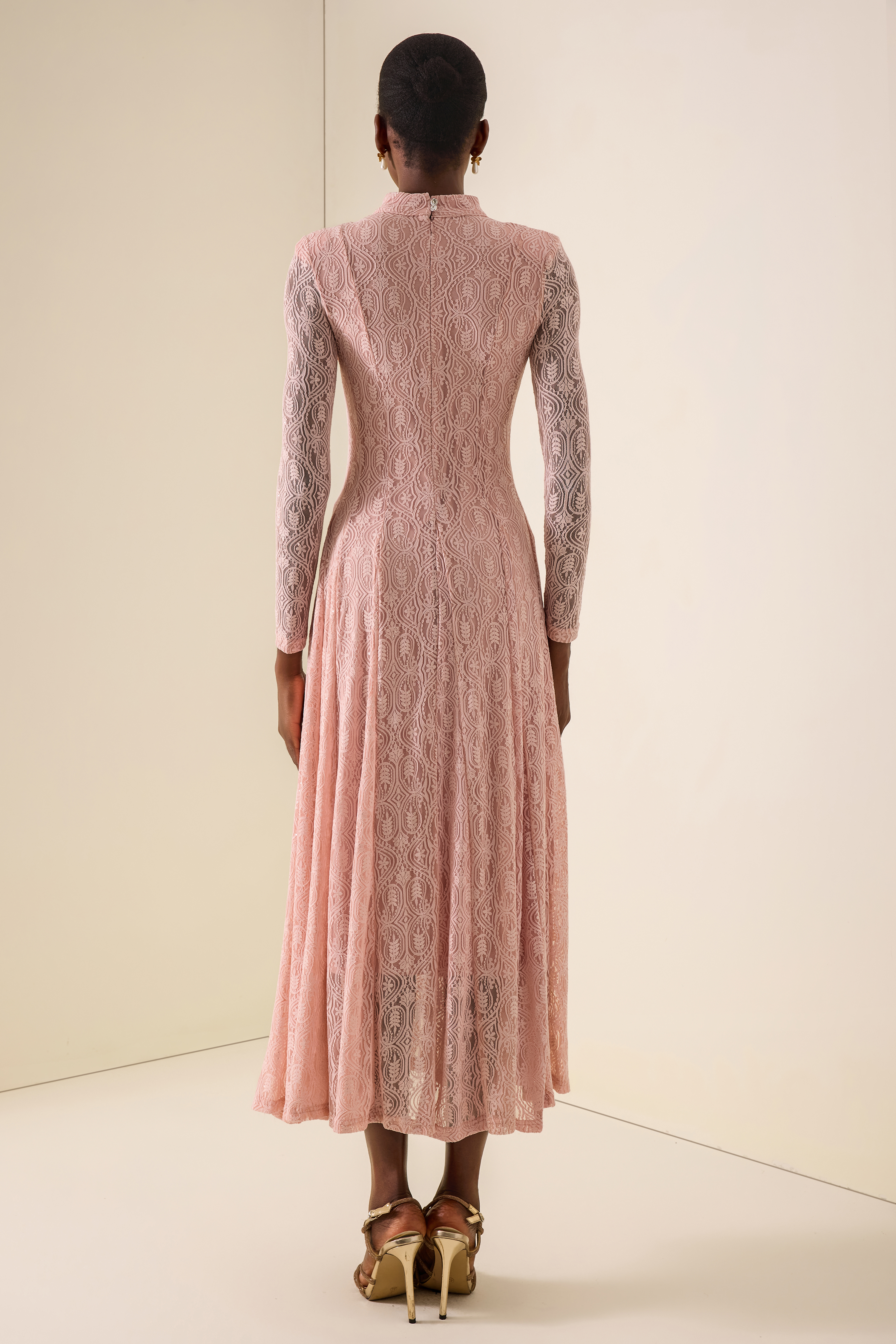 Lace Stand Collar Long Sleeve Midi Dress