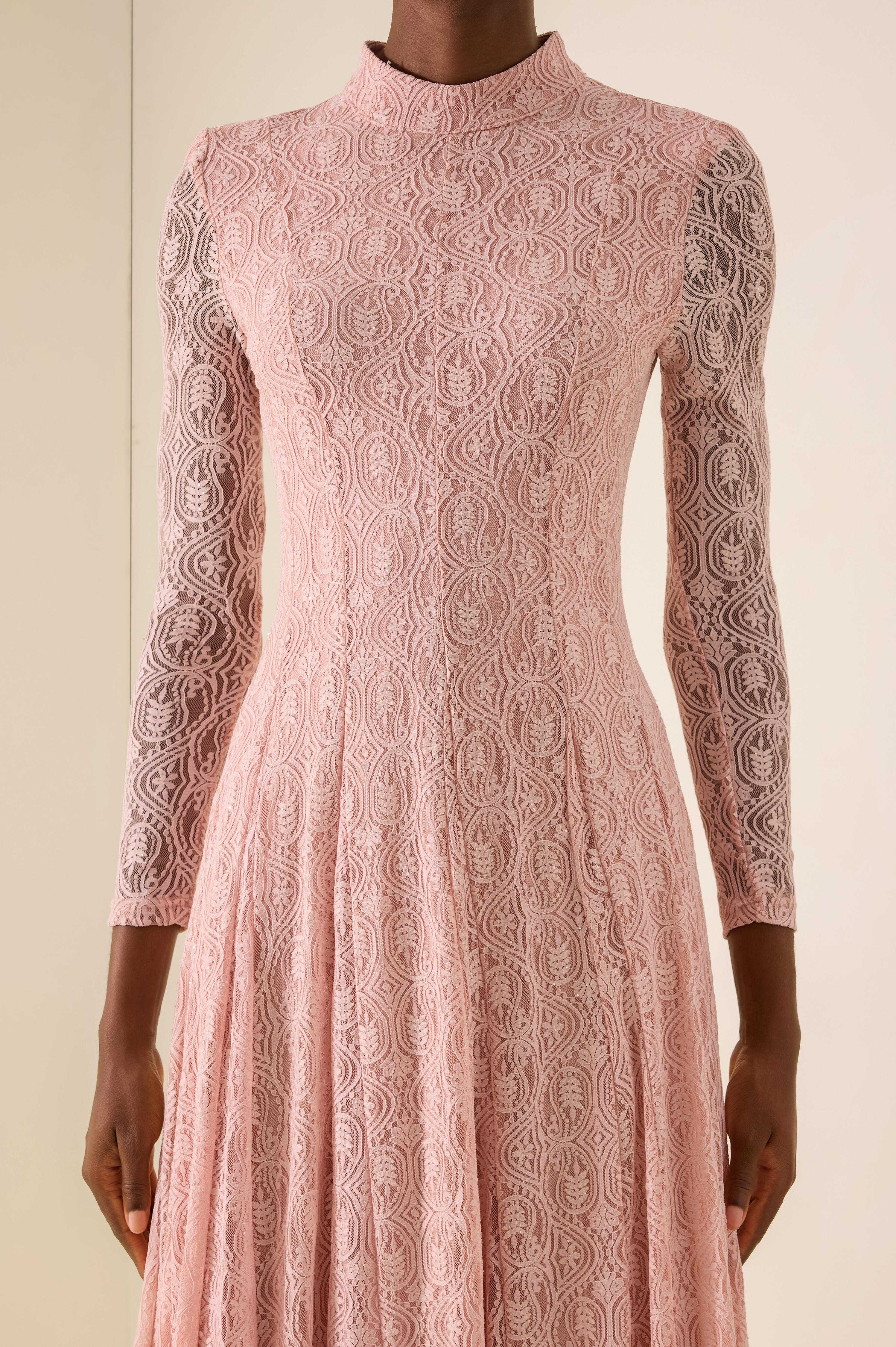 Lace Stand Collar Long Sleeve Midi Dress
