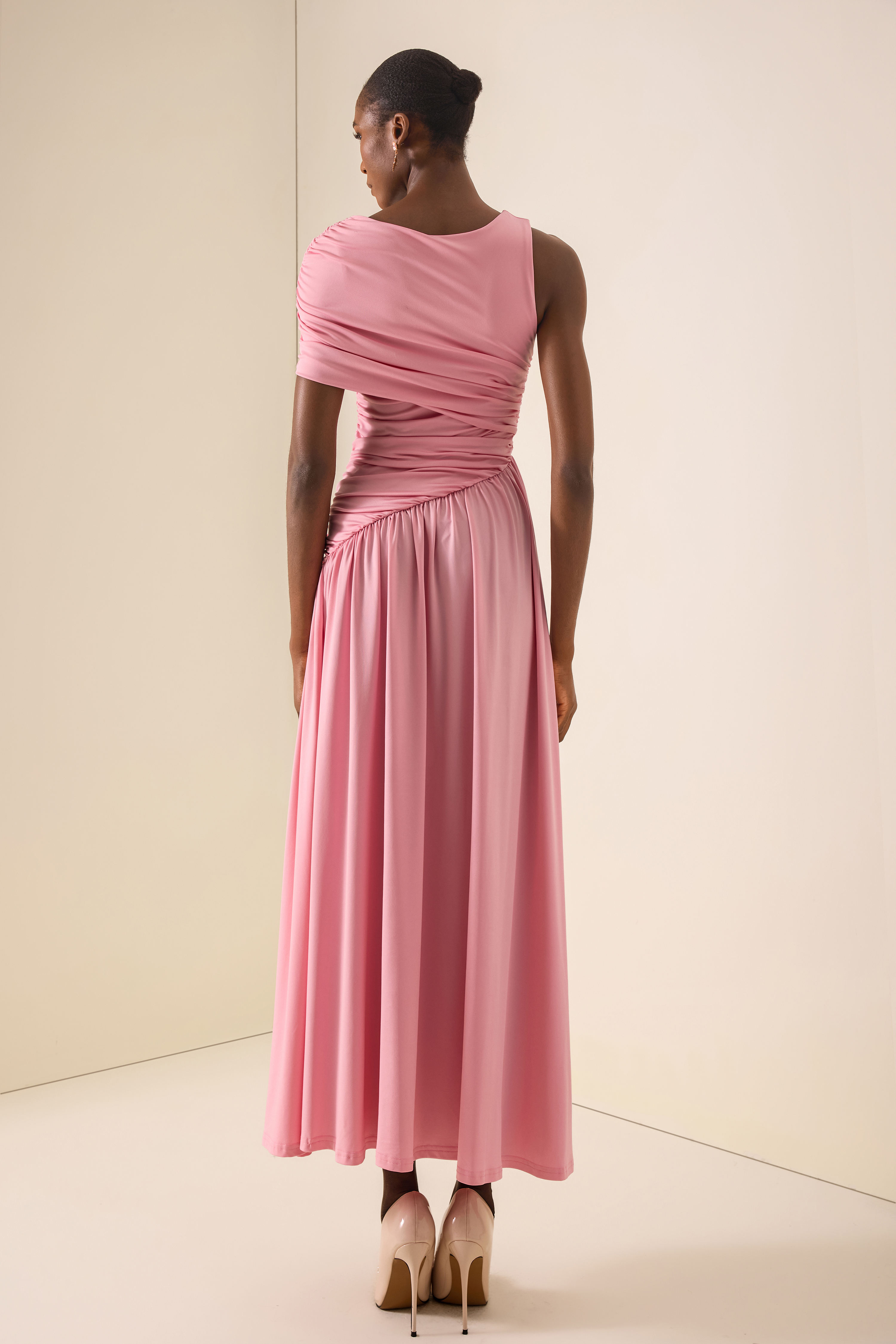 Solid Ruched Asymmetric Maxi Dress