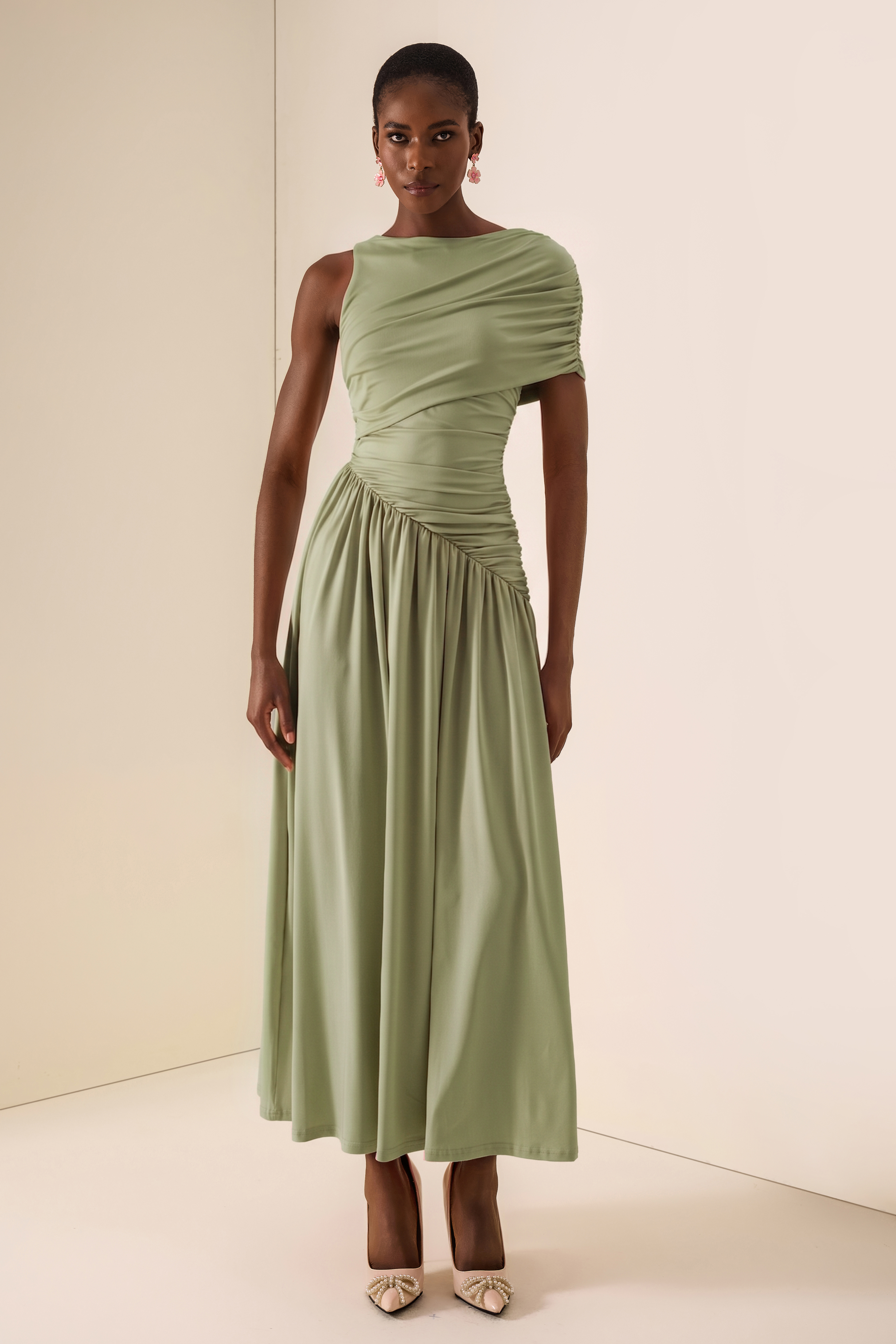 Solid Ruched Asymmetric Maxi Dress