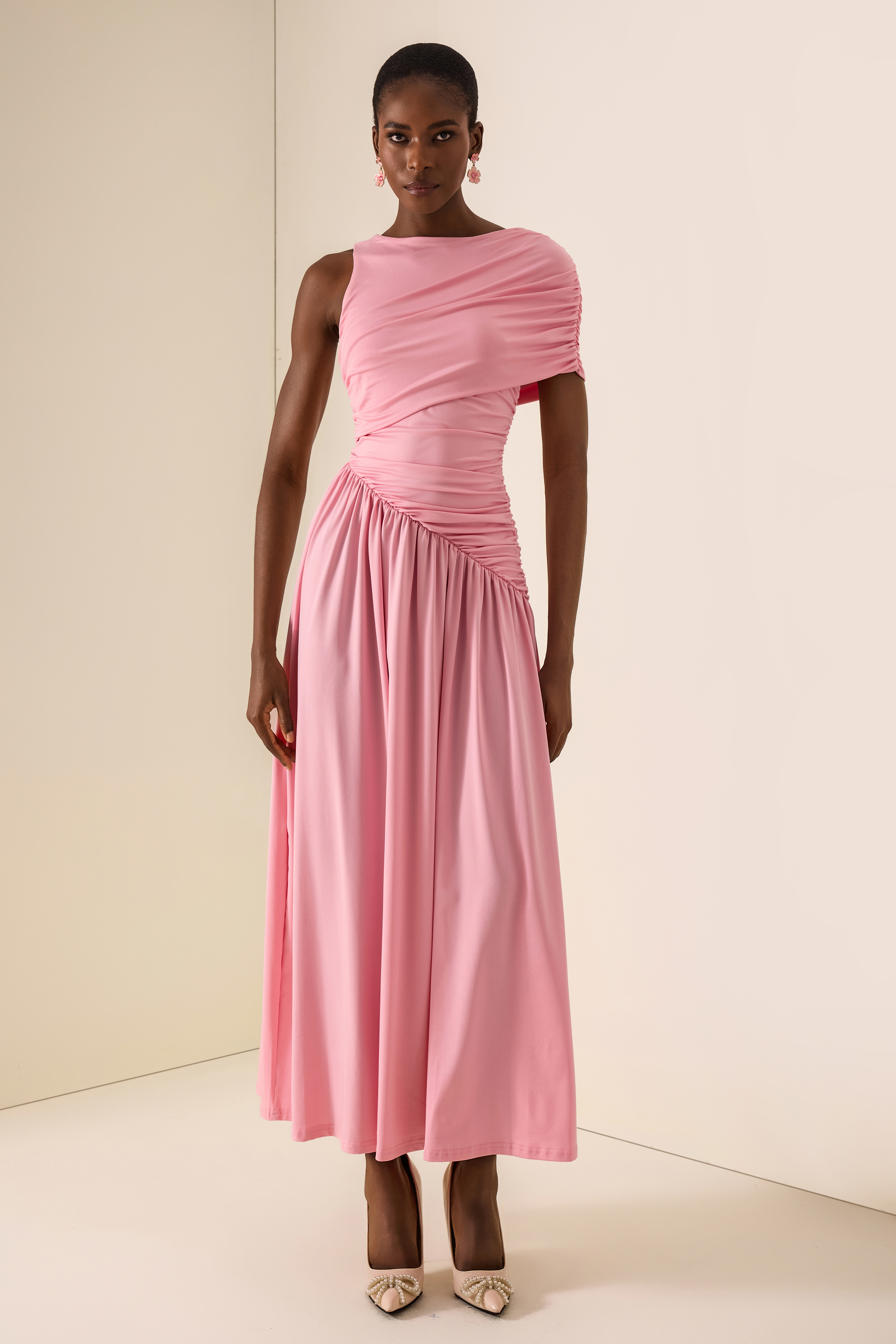 Solid Ruched Asymmetric Maxi Dress