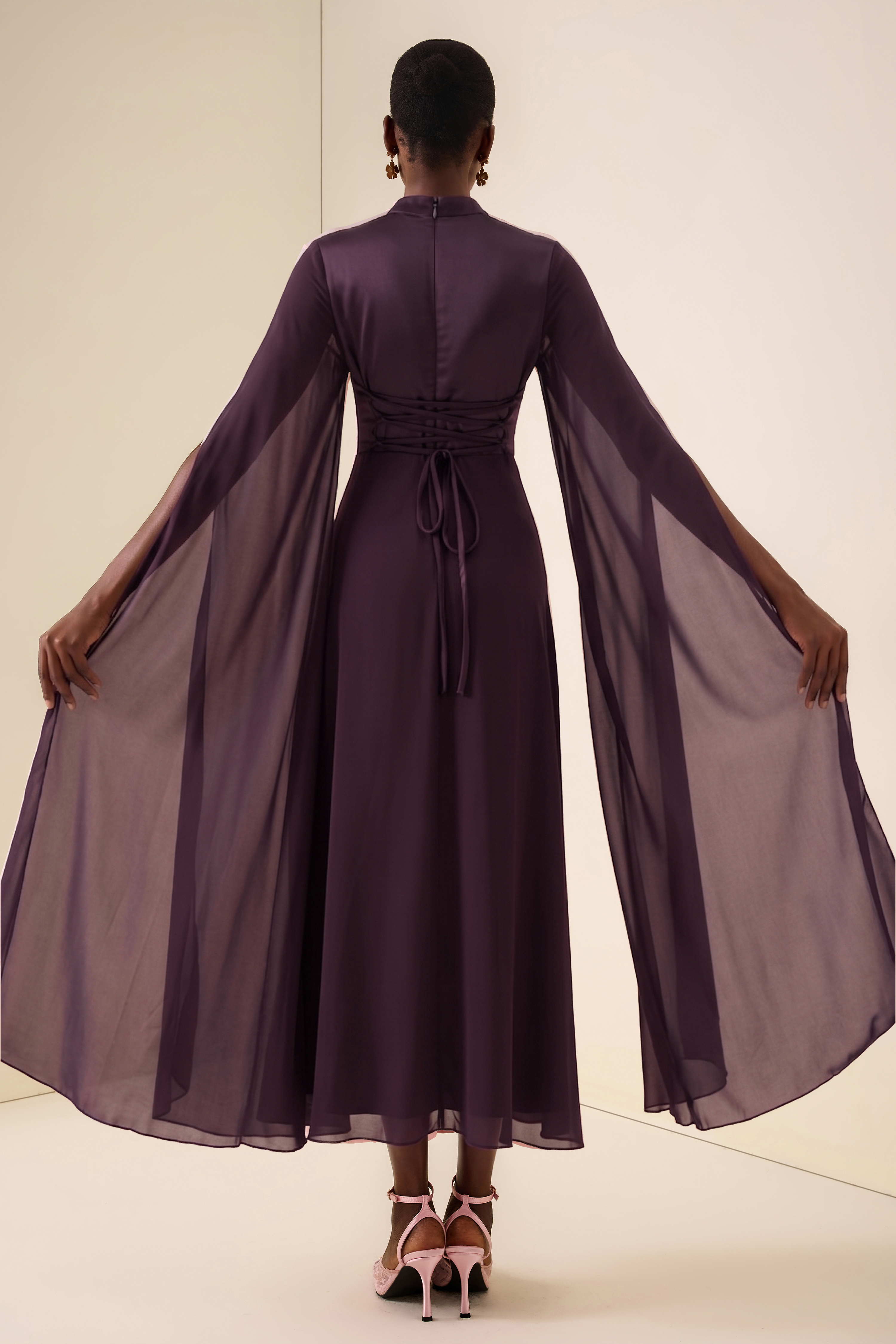 Solid Cut-Out Cape Sleeve Midi Dress