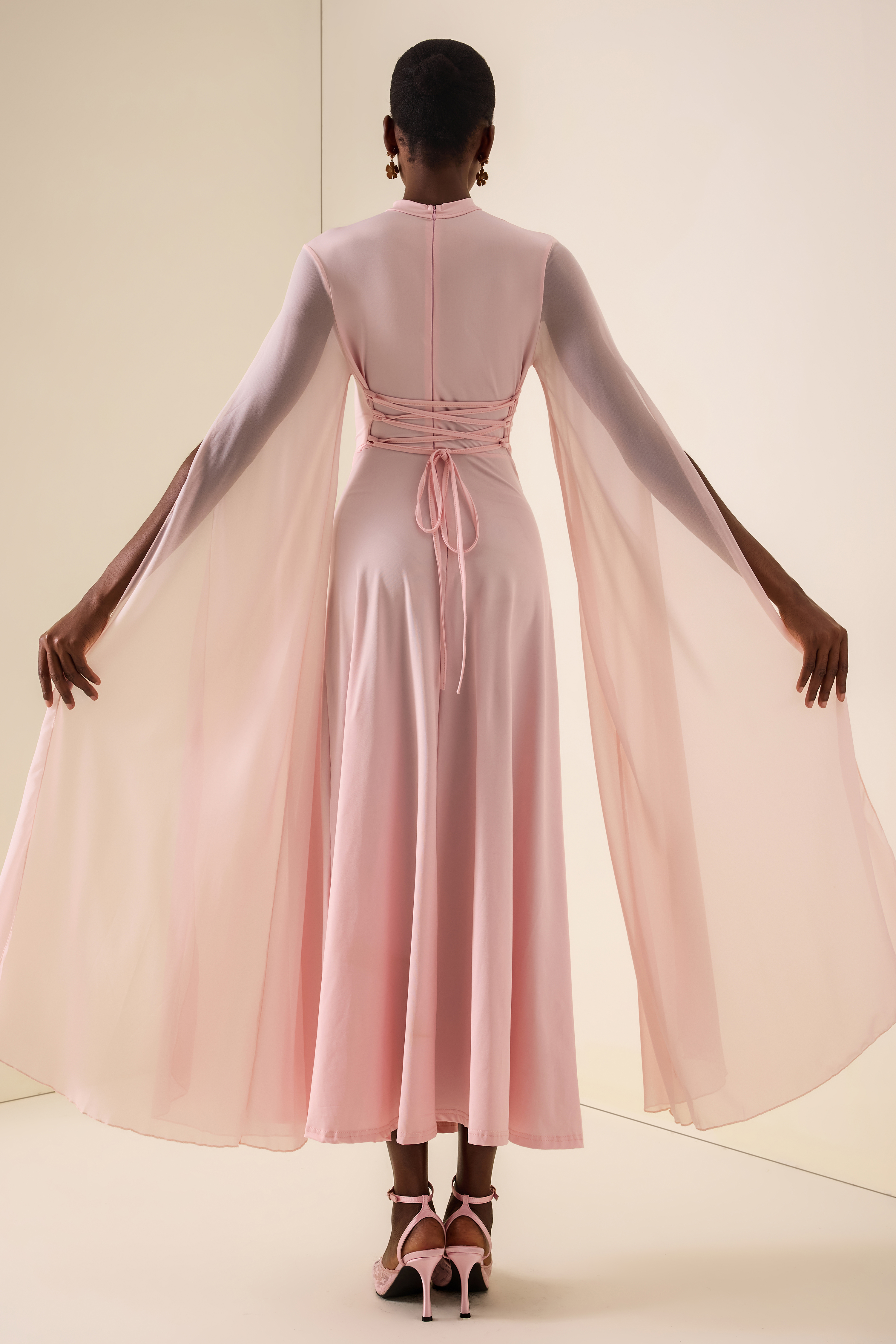 Solid Cut-Out Cape Sleeve Midi Dress