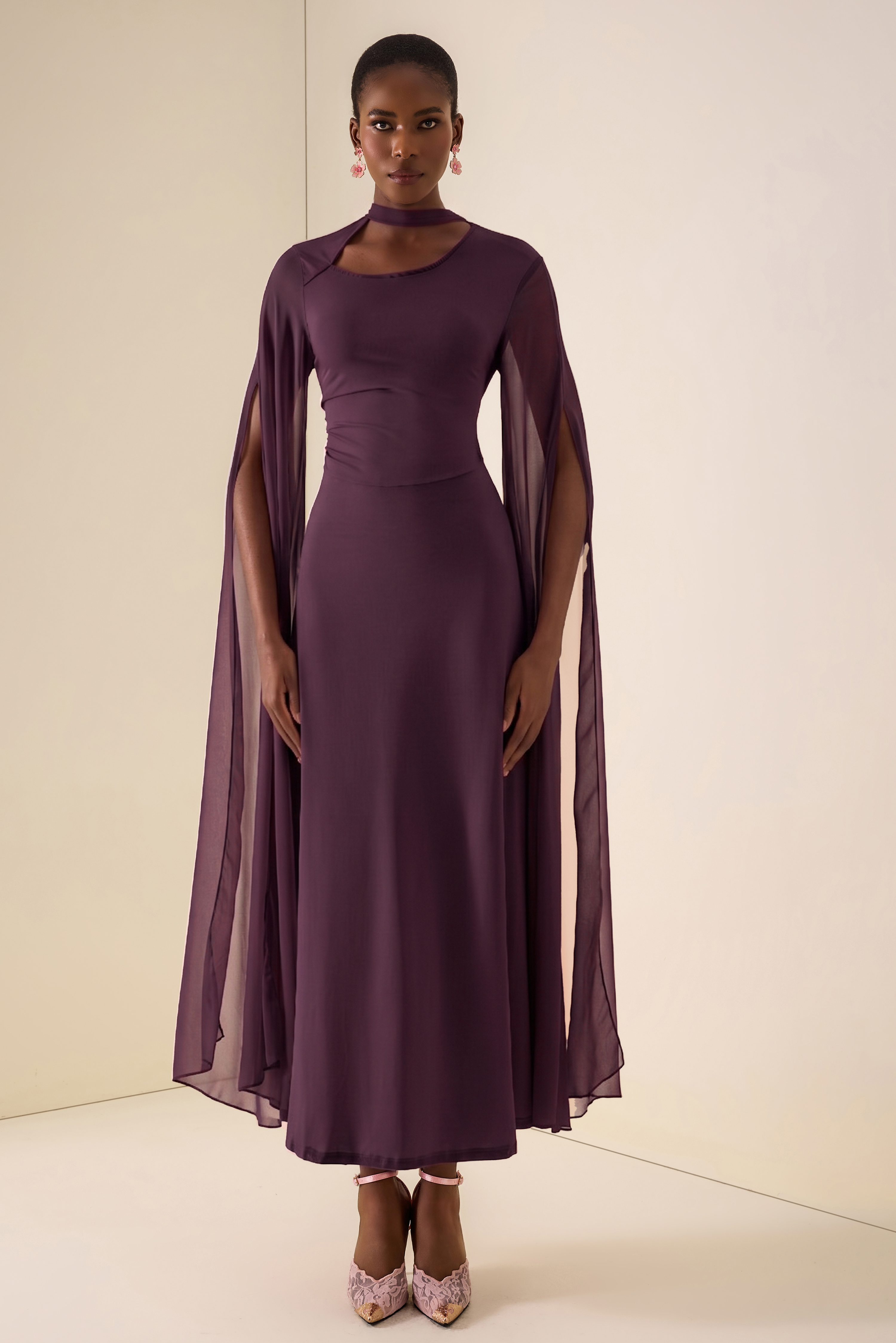 Solid Cut-Out Cape Sleeve Midi Dress