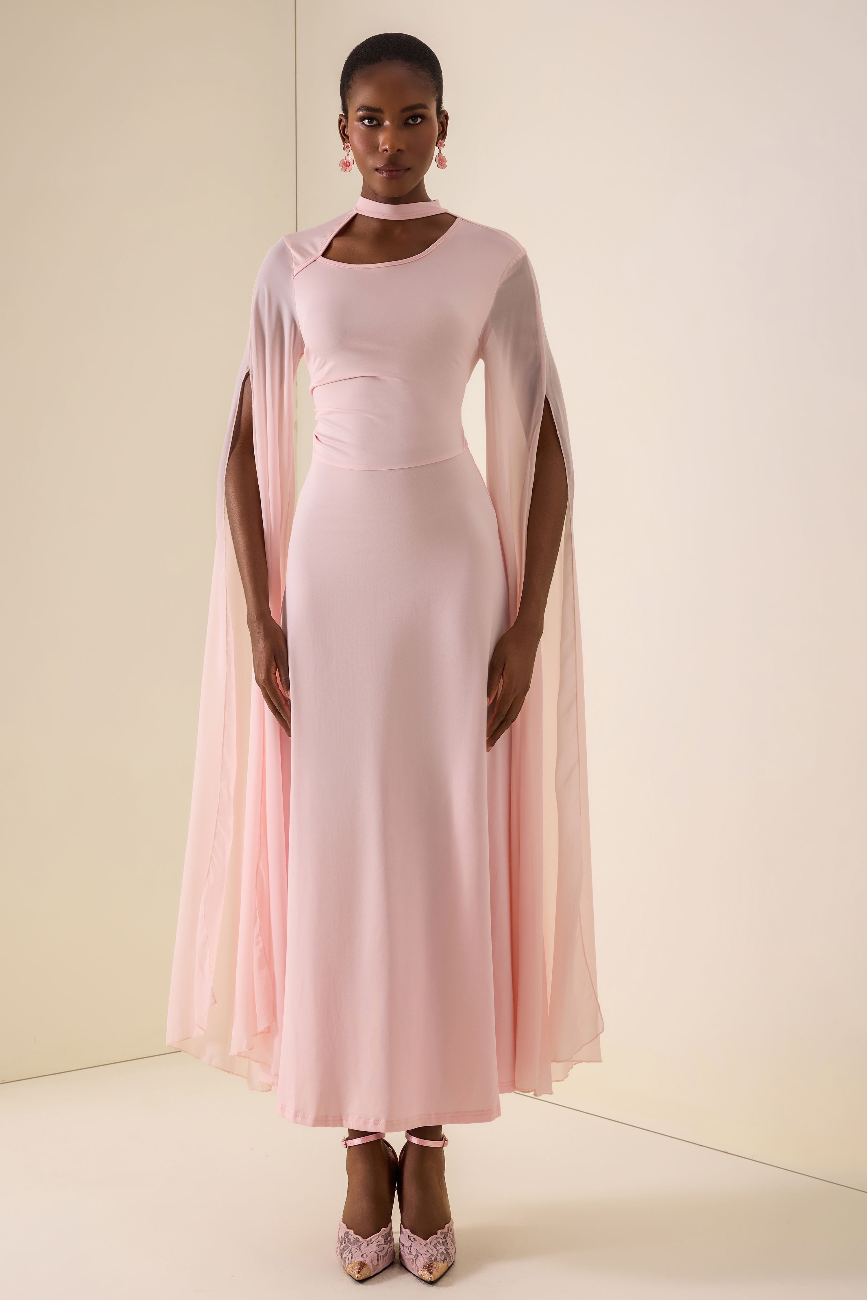 Solid Cut-Out Cape Sleeve Midi Dress