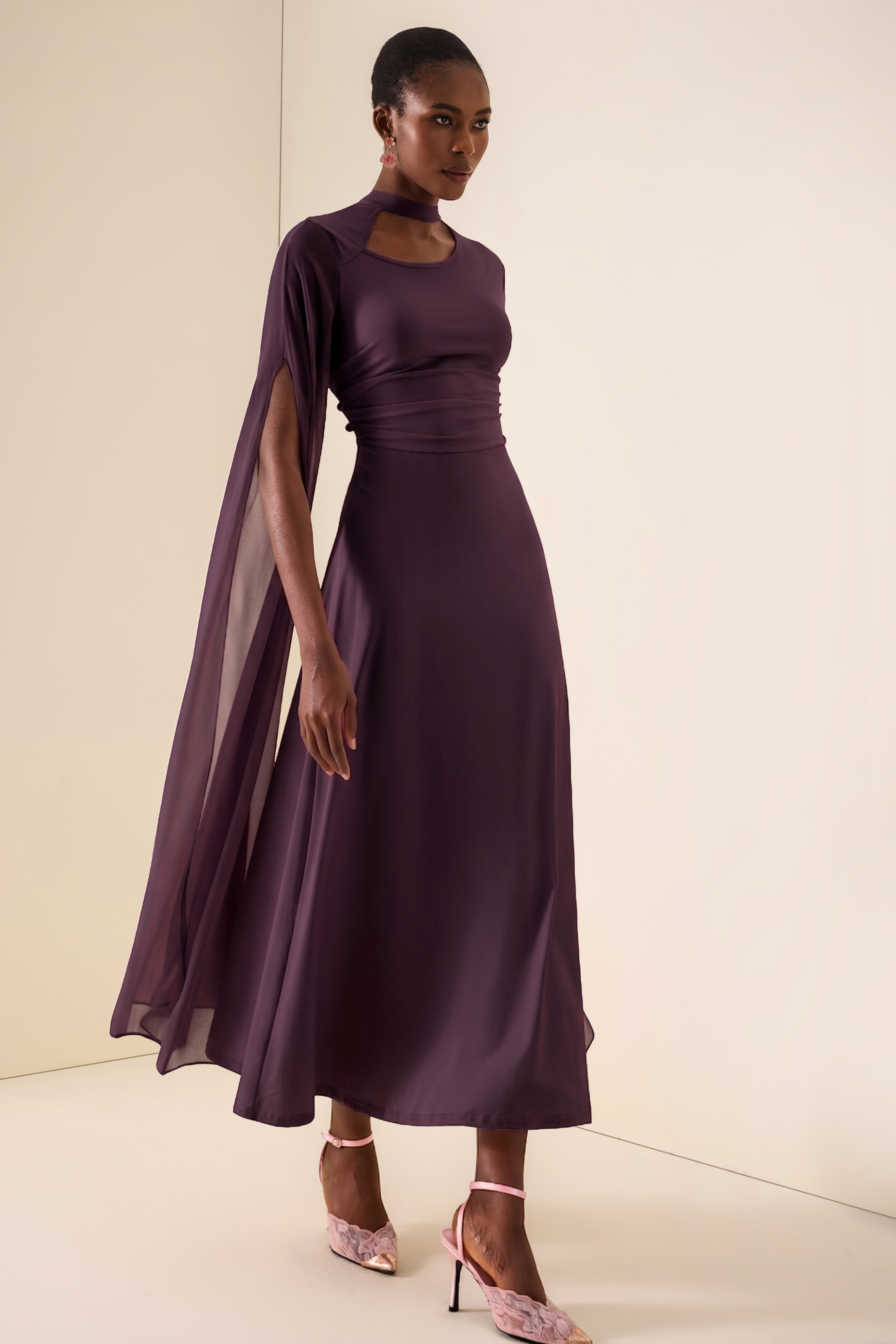 Solid Cut-Out Cape Sleeve Midi Dress