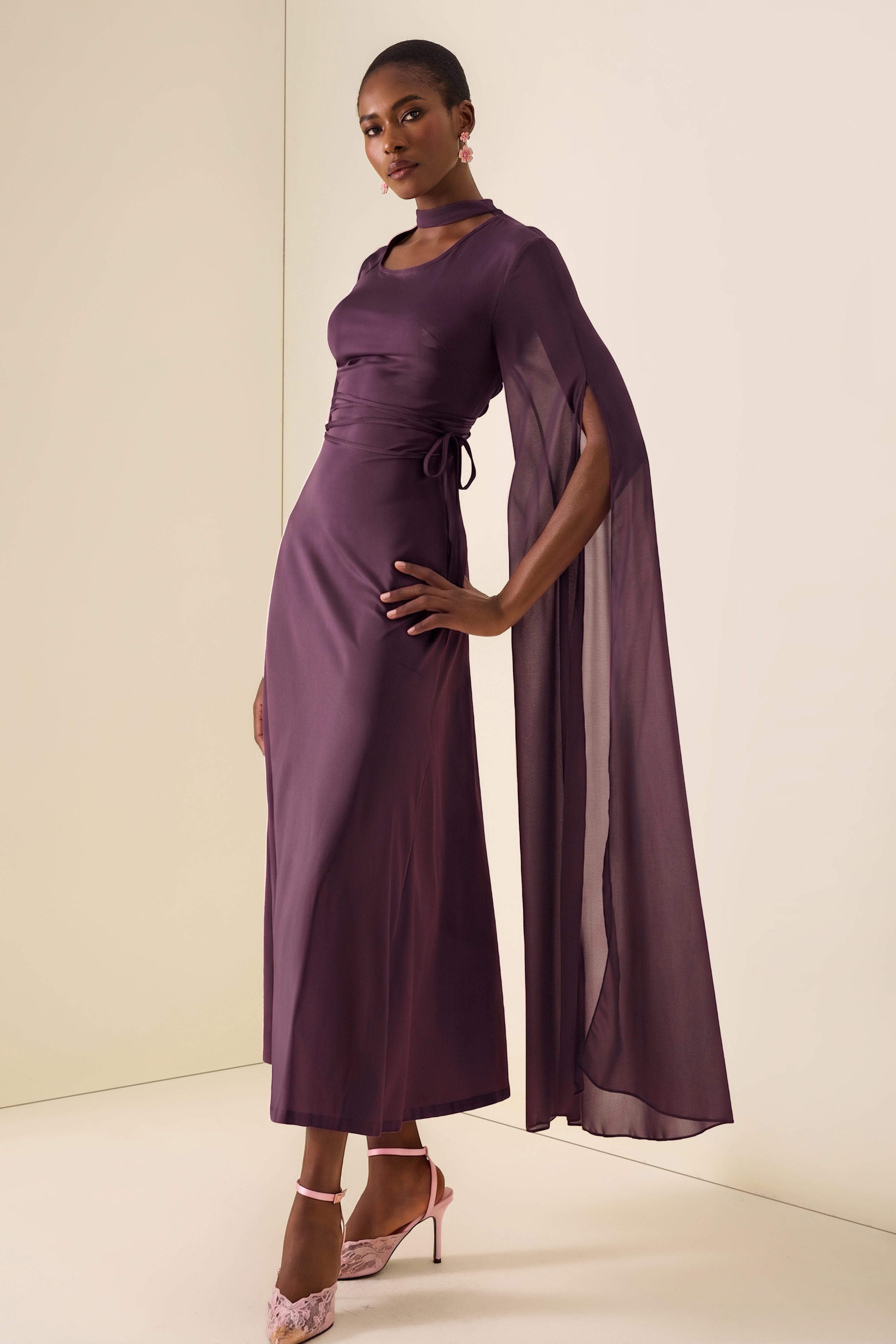 Solid Cut-Out Cape Sleeve Midi Dress
