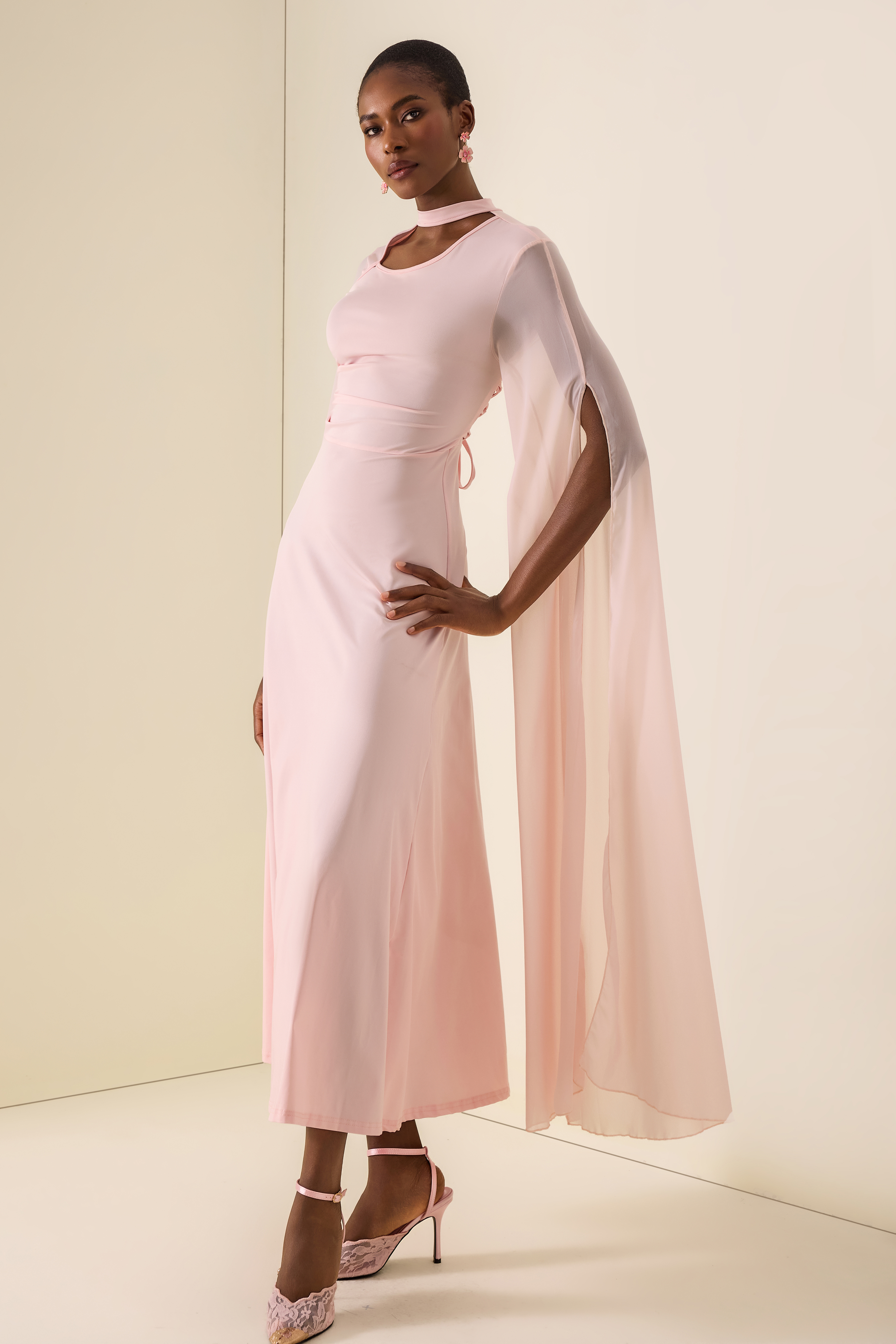 Solid Cut-Out Cape Sleeve Midi Dress