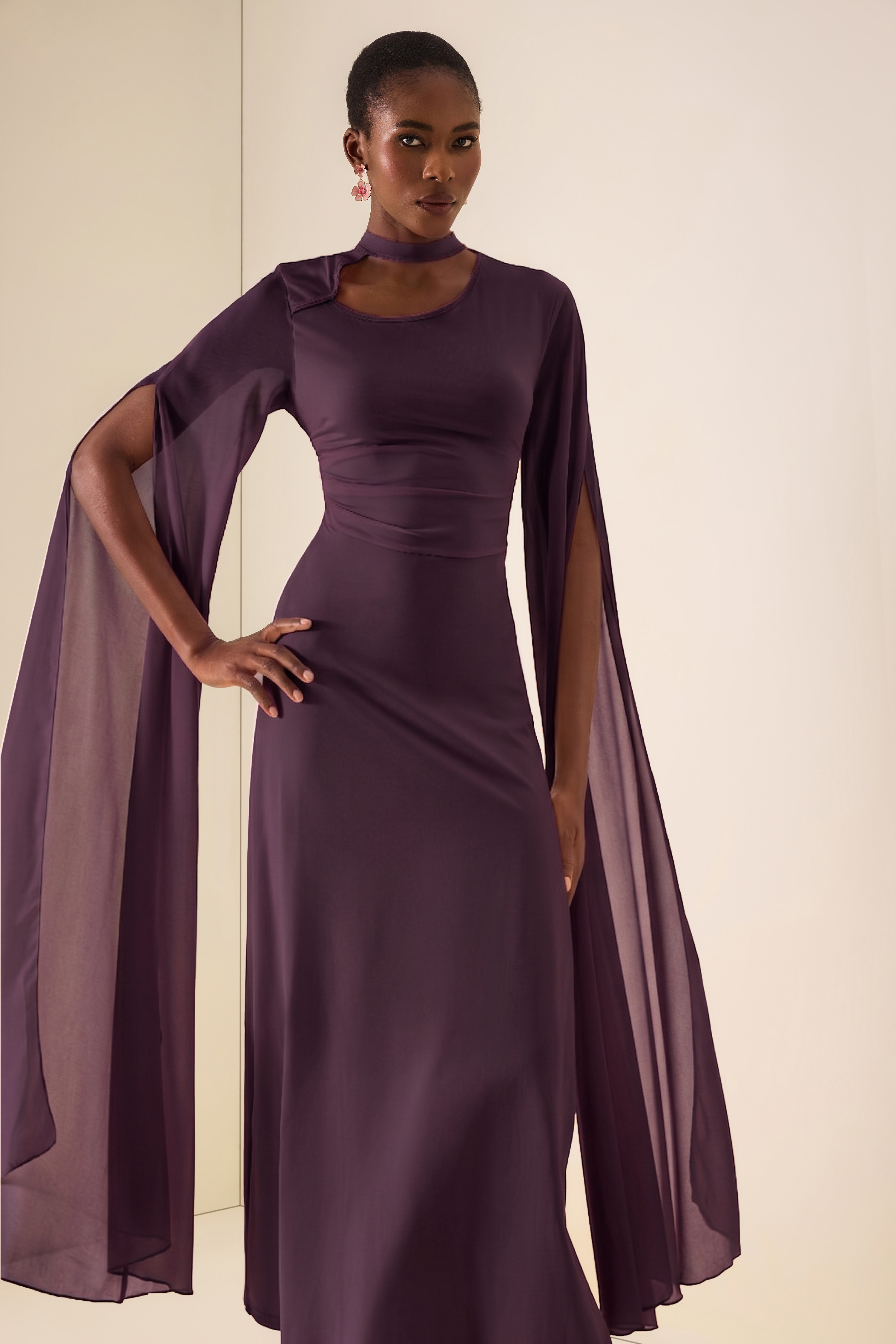 Solid Cut-Out Cape Sleeve Midi Dress