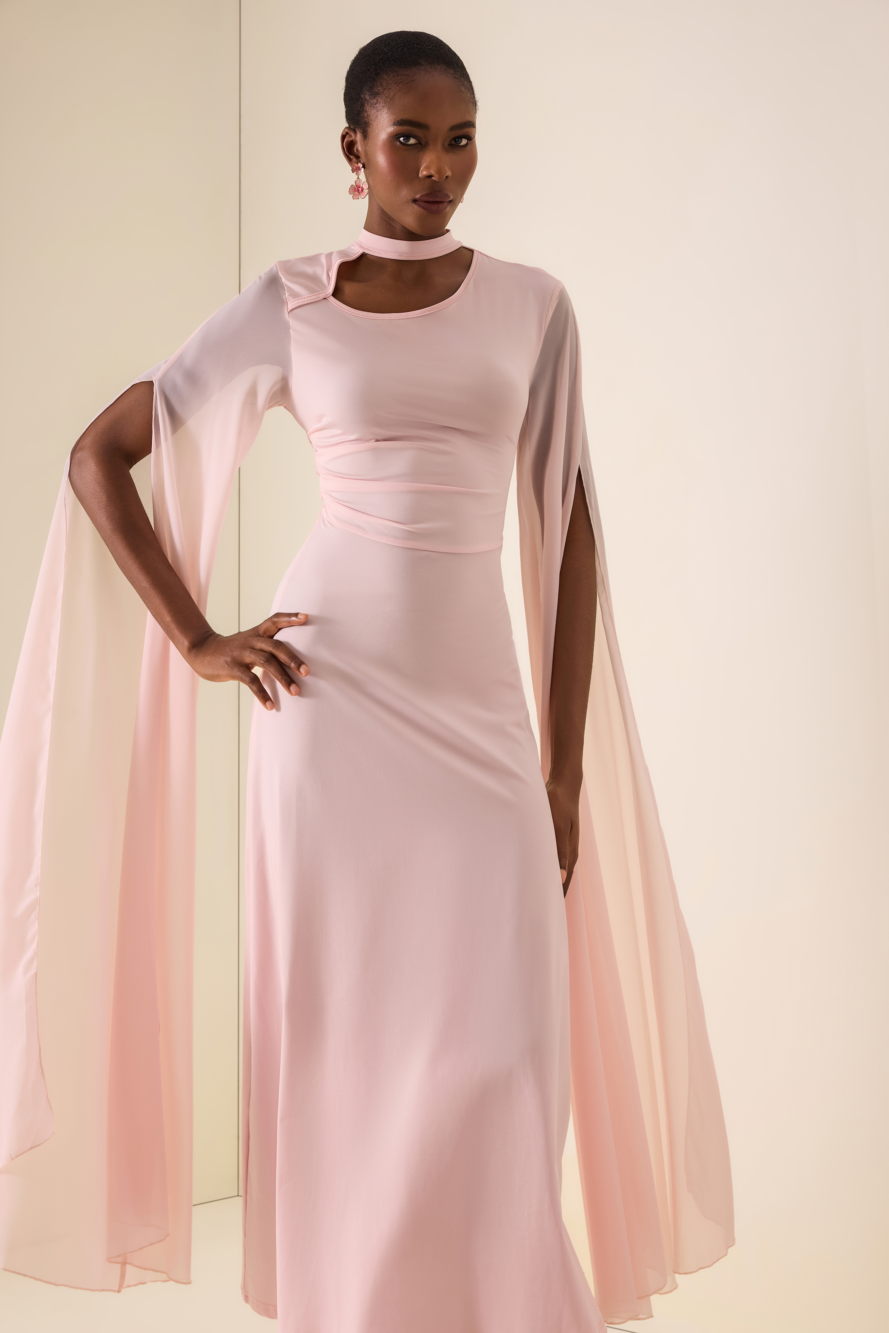 Solid Cut-Out Cape Sleeve Midi Dress