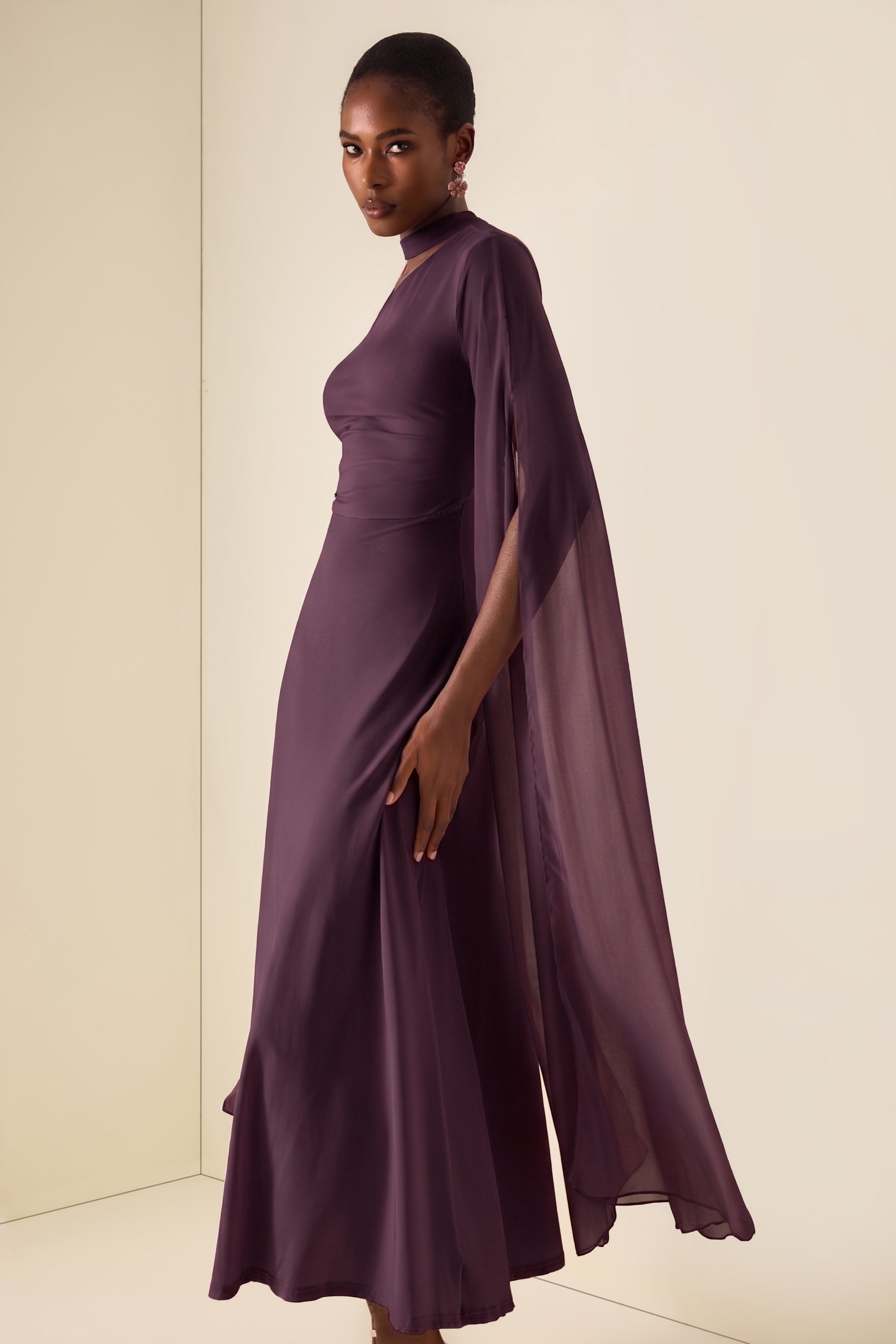 Solid Cut-Out Cape Sleeve Midi Dress