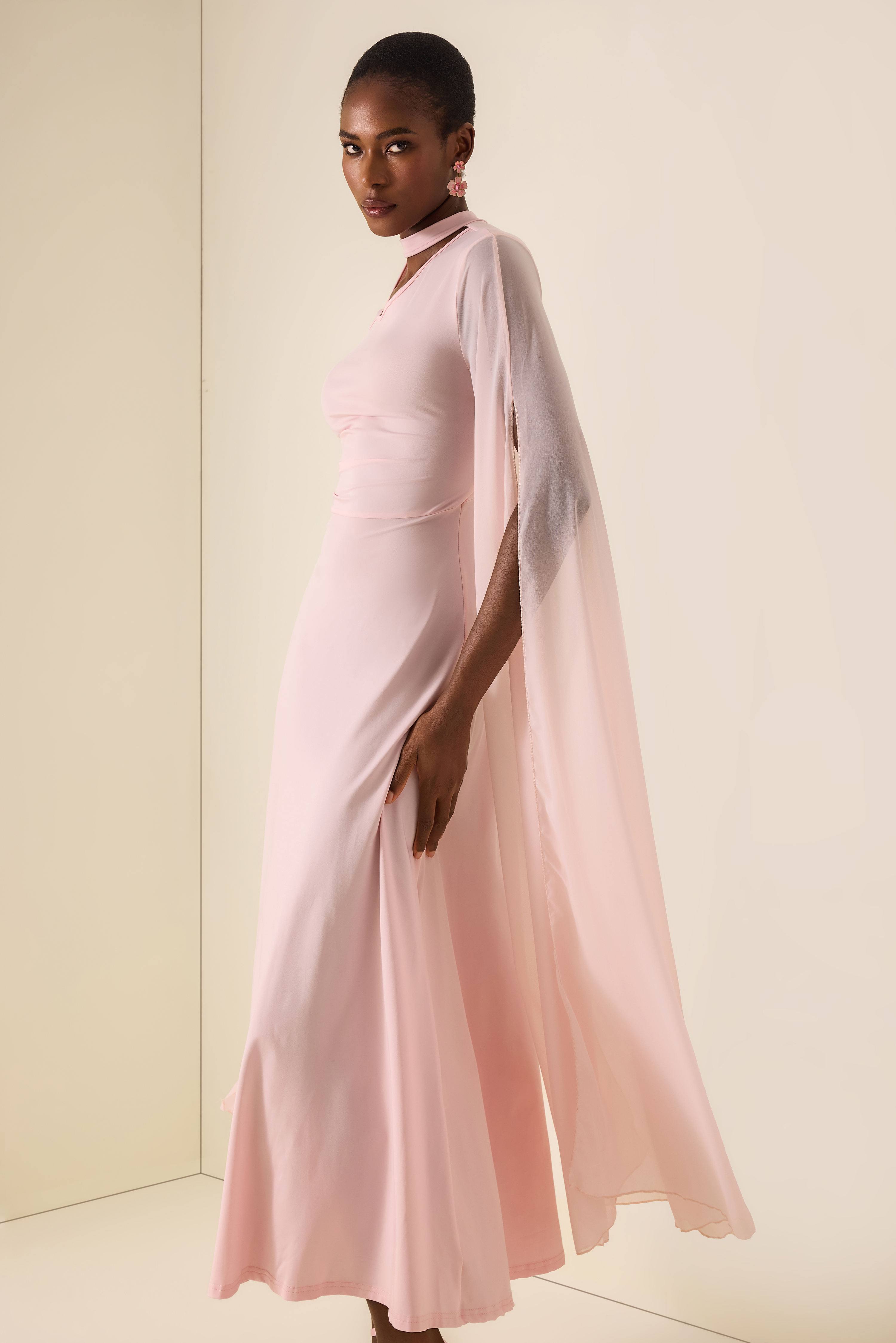 Solid Cut-Out Cape Sleeve Midi Dress