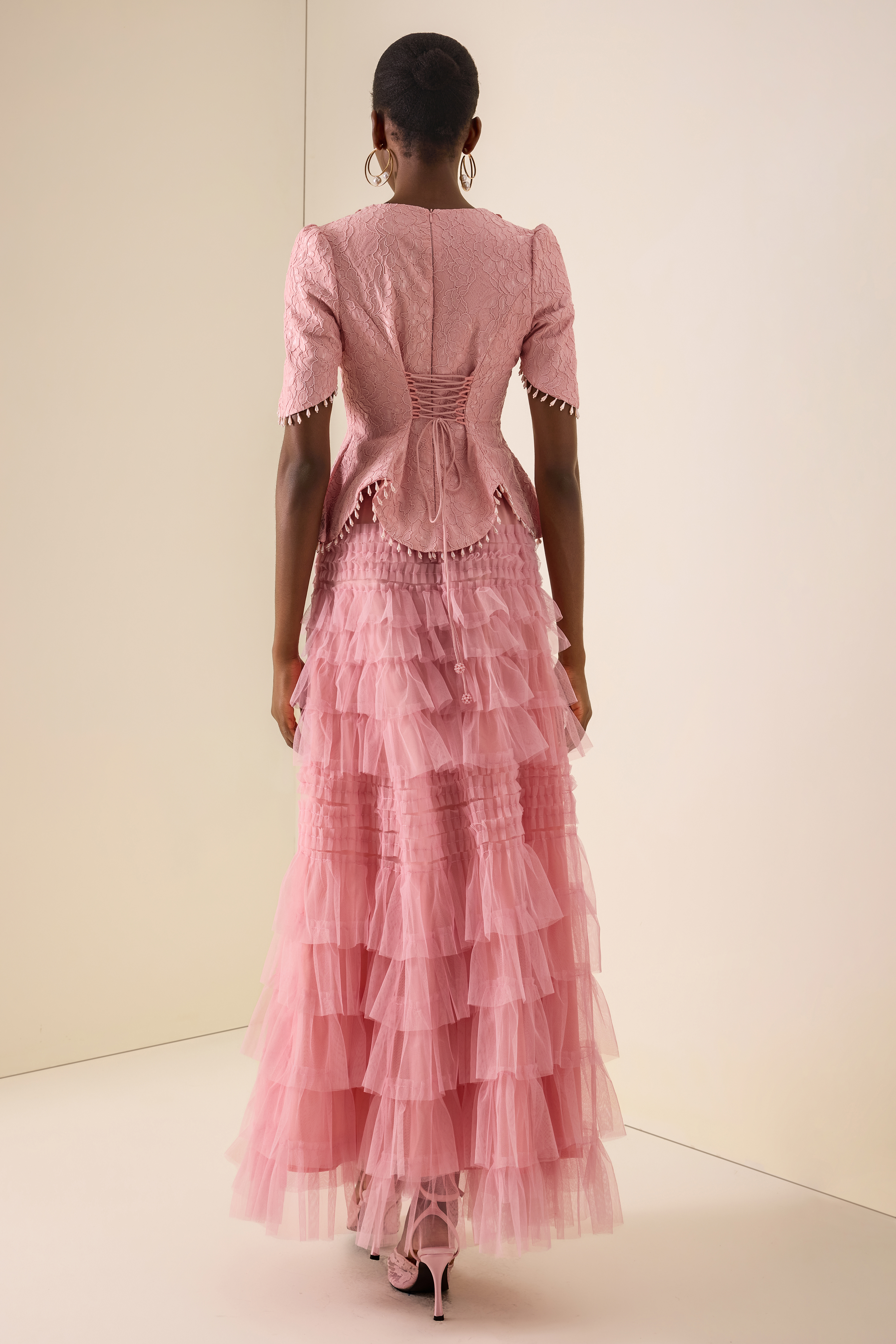 3D Flower Beaded Round Neck Top & Midi Skirt Set