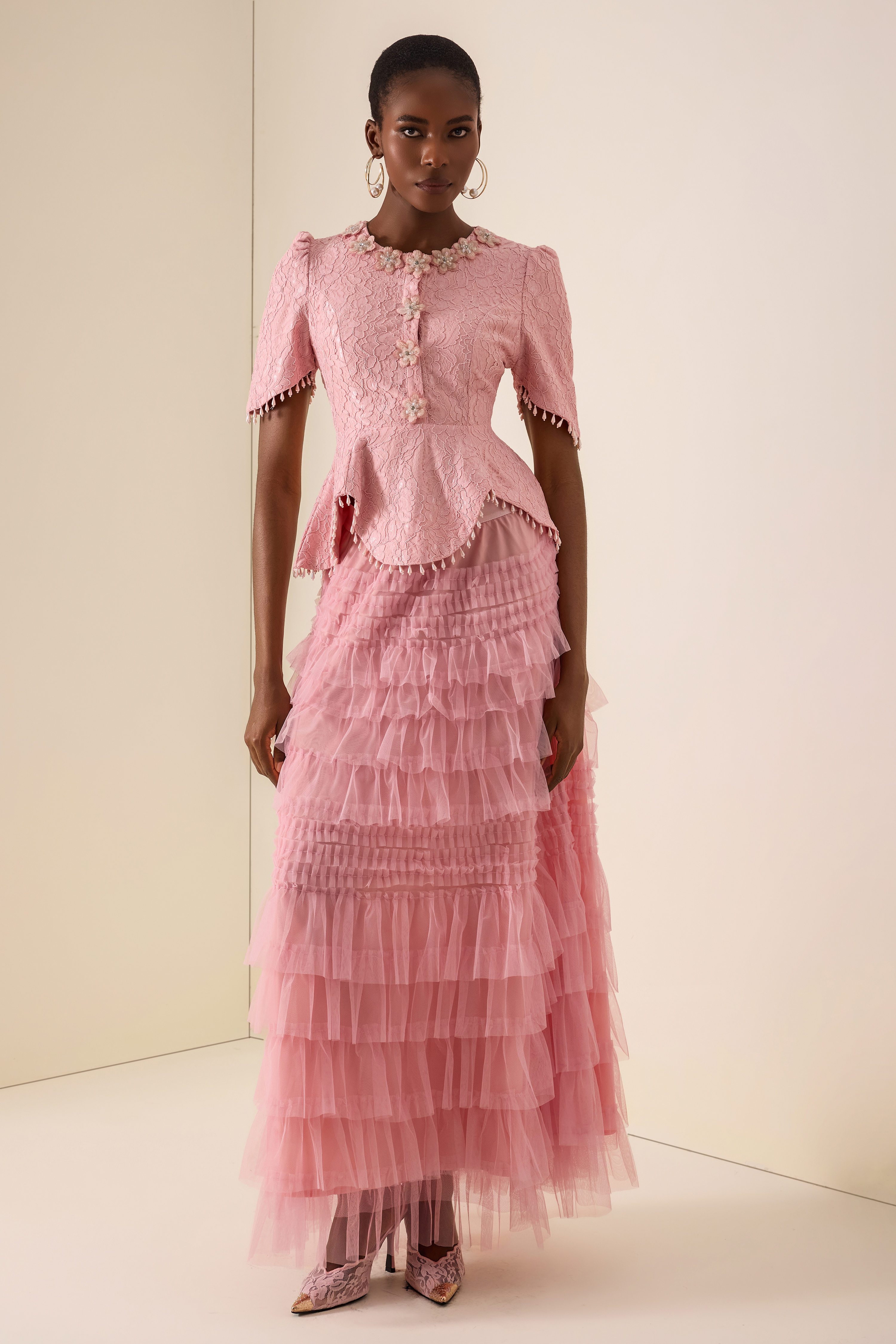 3D Flower Beaded Round Neck Top & Midi Skirt Set