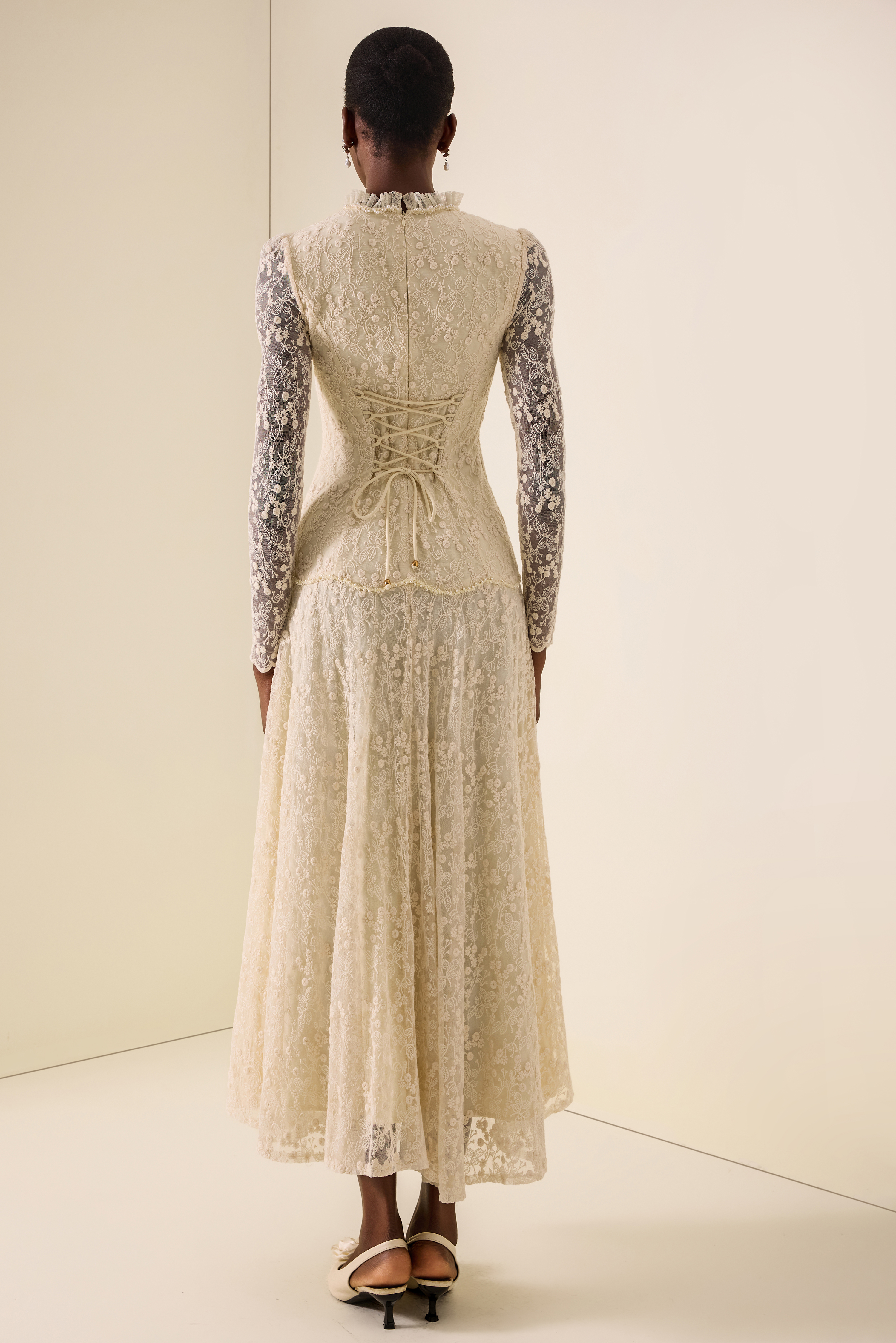 Lace Nail Bead Embroidery Stand Collar Midi Dress
