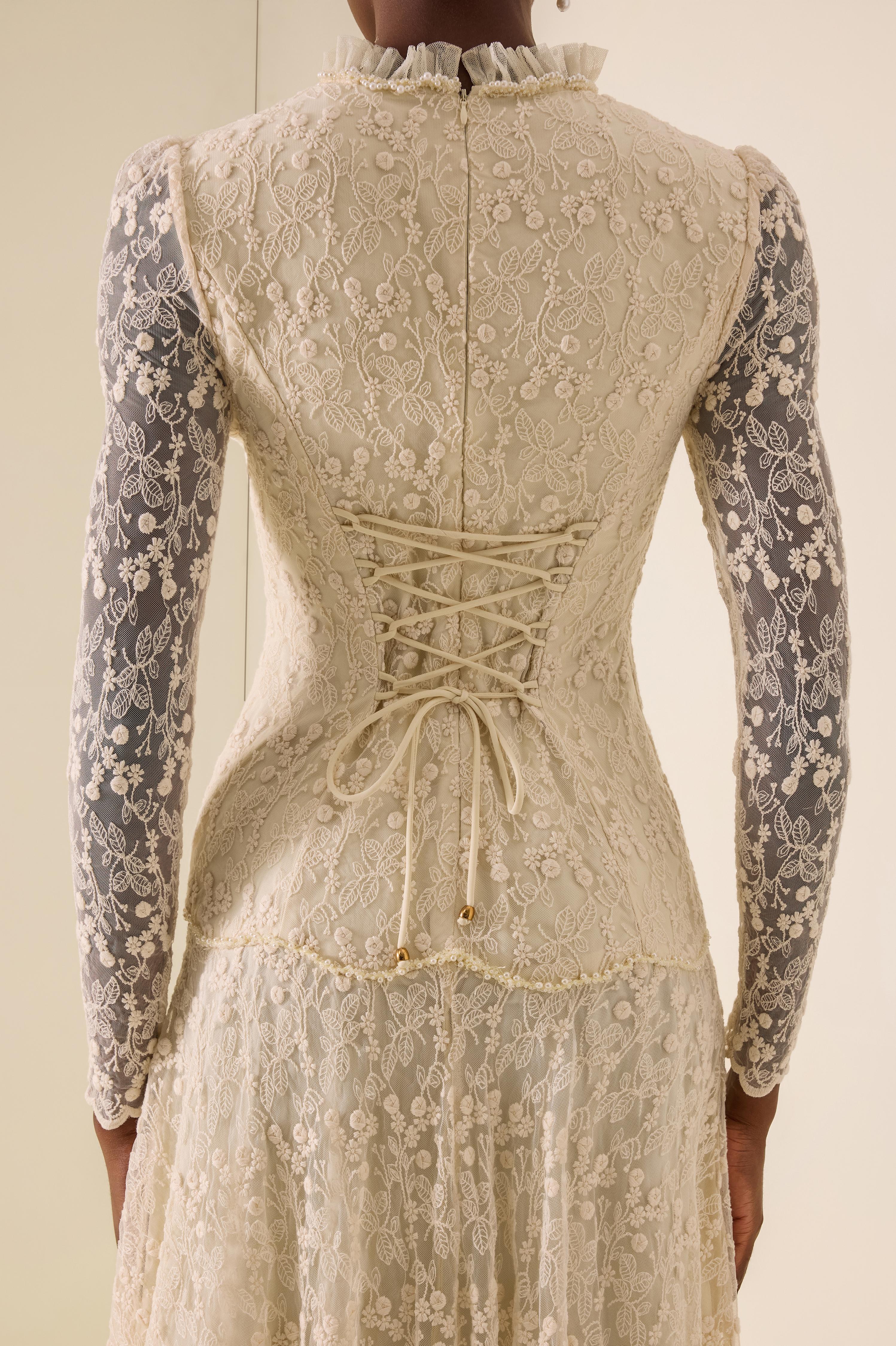 Lace Nail Bead Embroidery Stand Collar Midi Dress