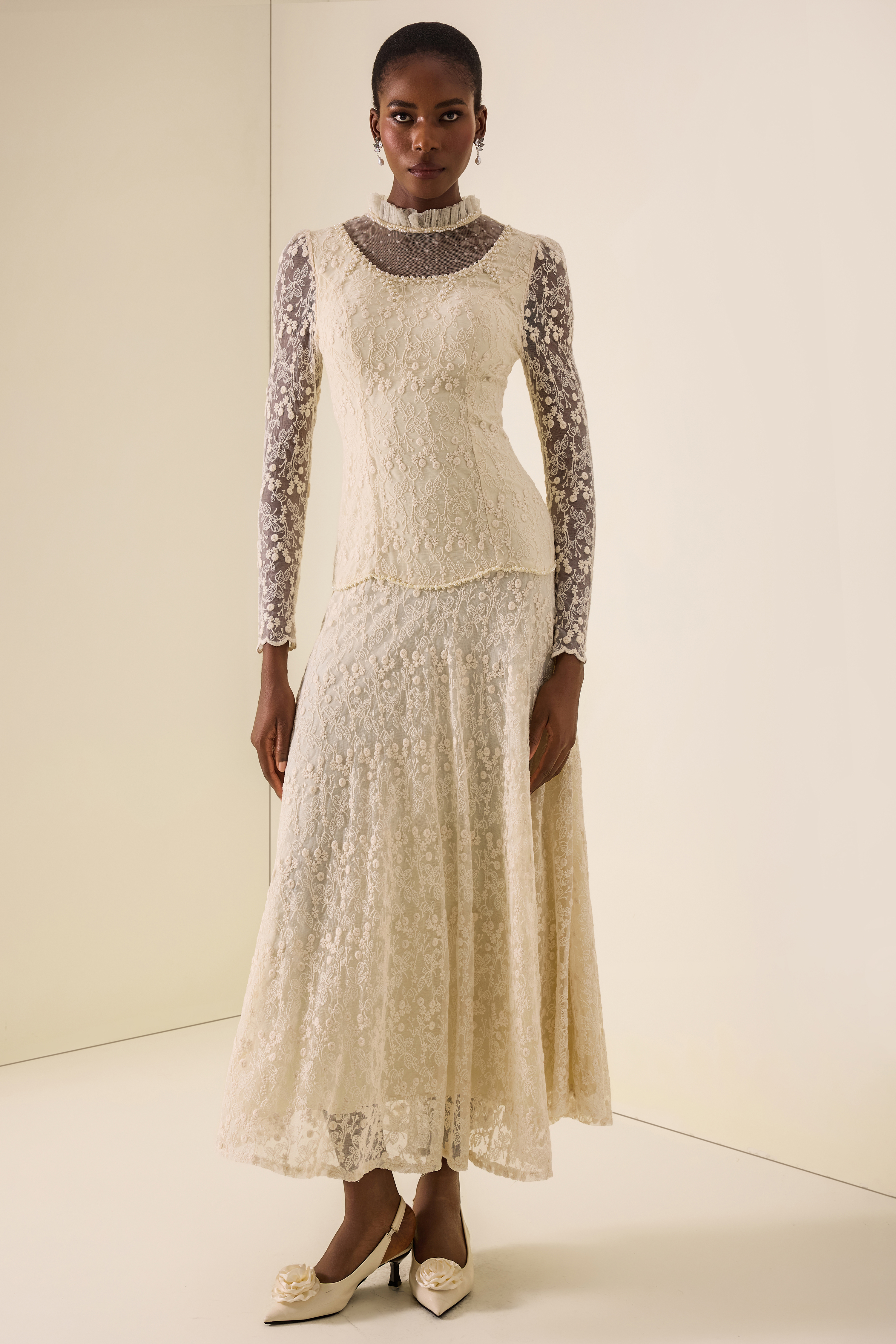 Lace Nail Bead Embroidery Stand Collar Midi Dress