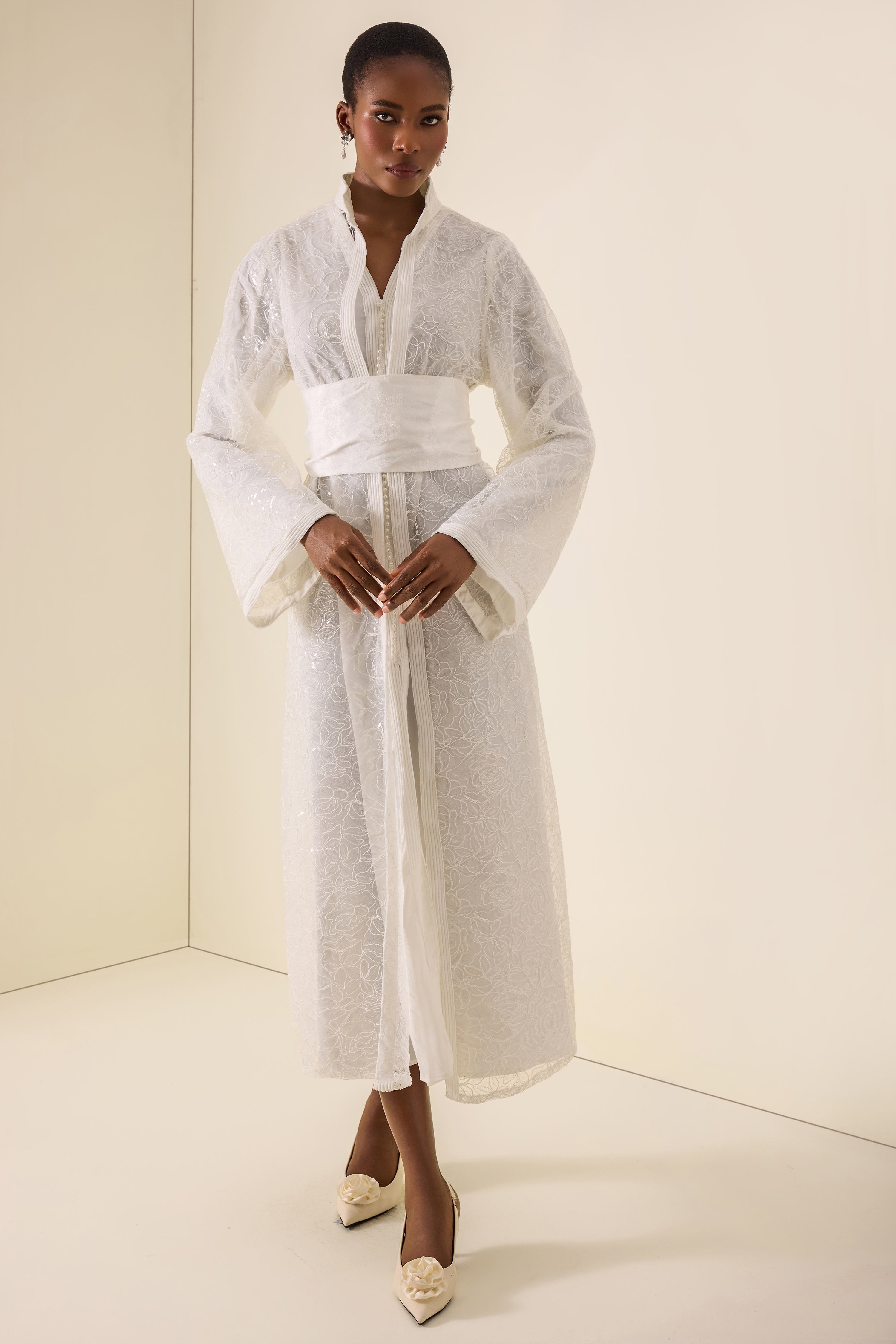 Lace Stand Collar Long Sleeve Maxi Dress