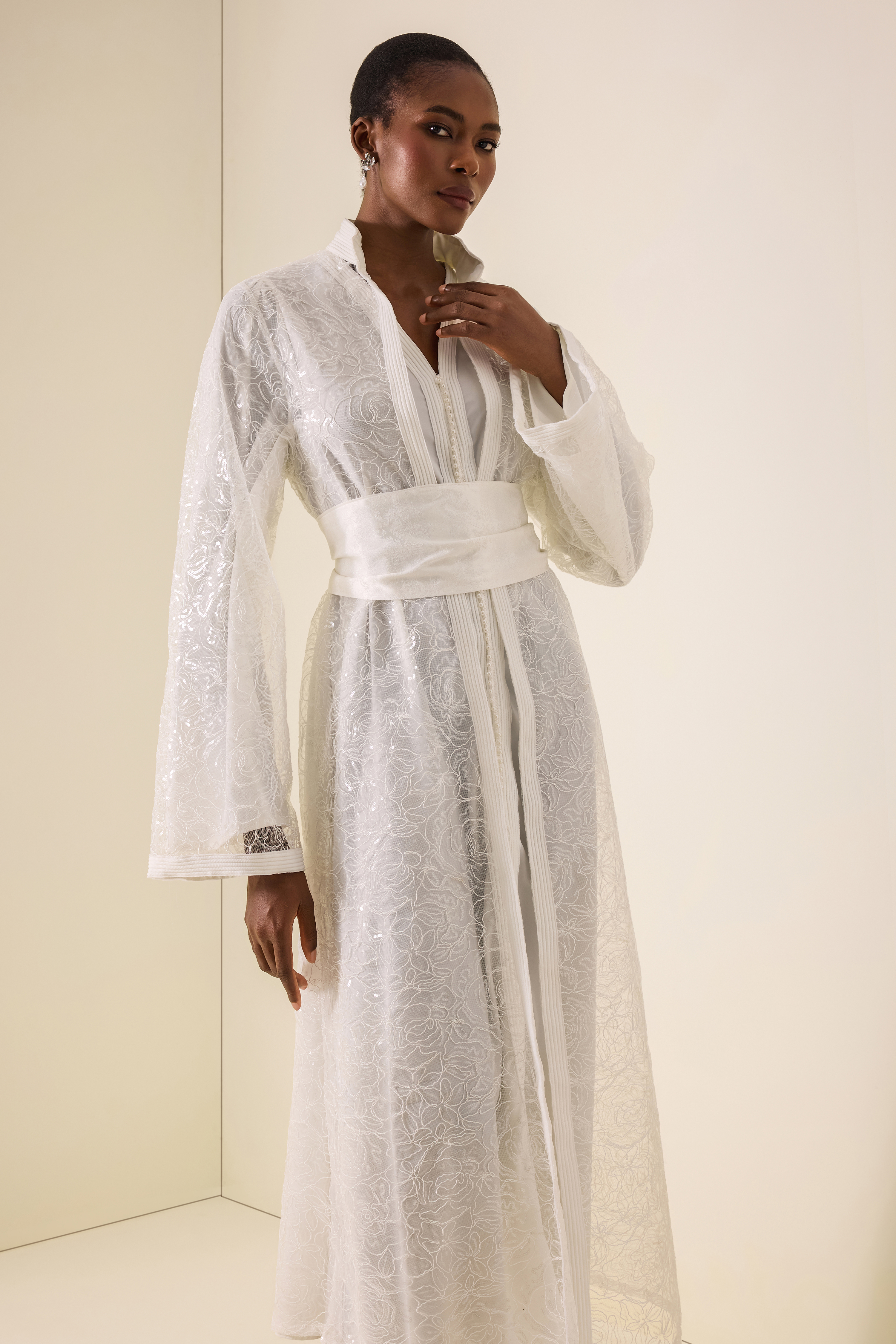 Lace Stand Collar Long Sleeve Maxi Dress