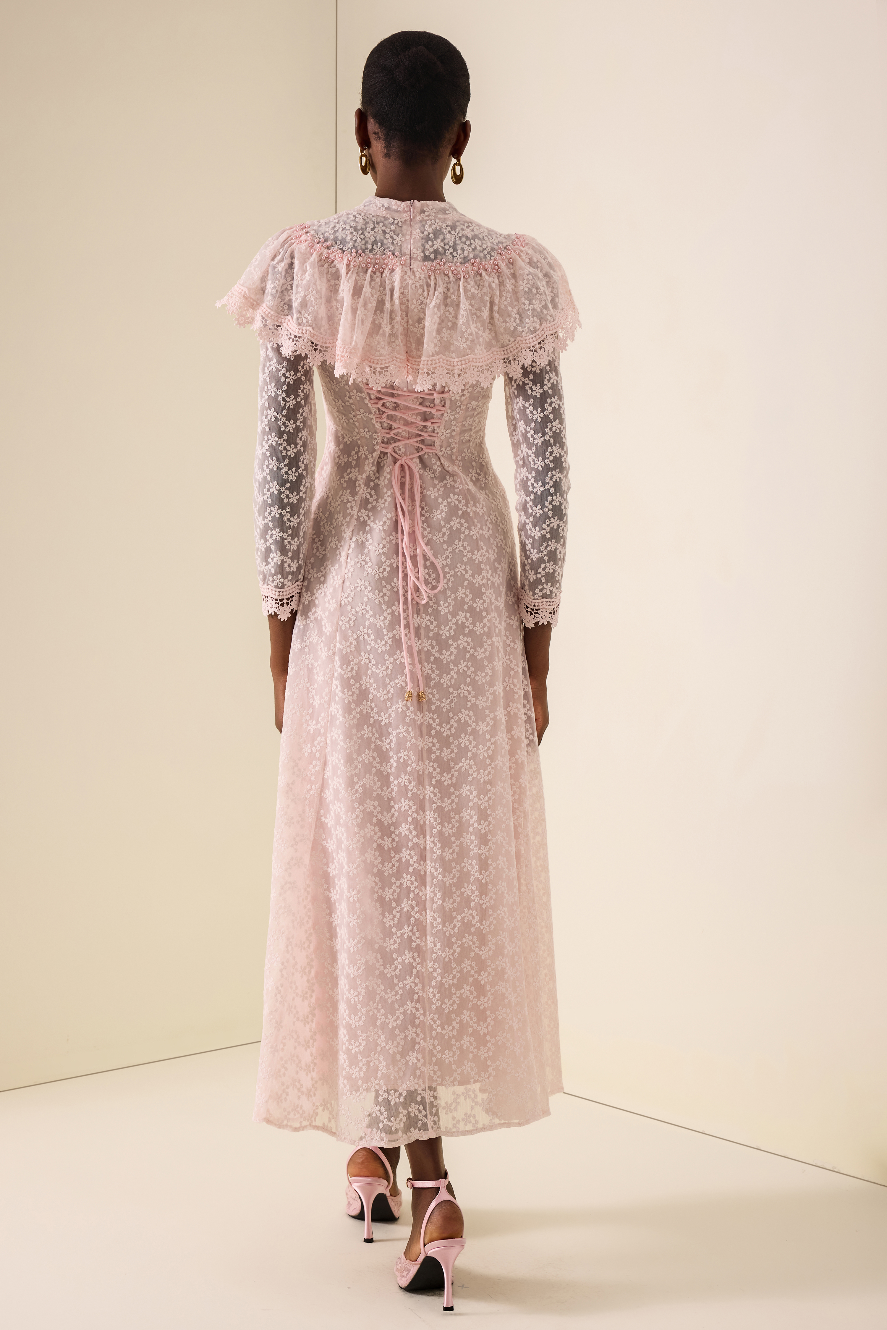 Lace Pearl Embellished V-Neck Maxi Dress With Cape
