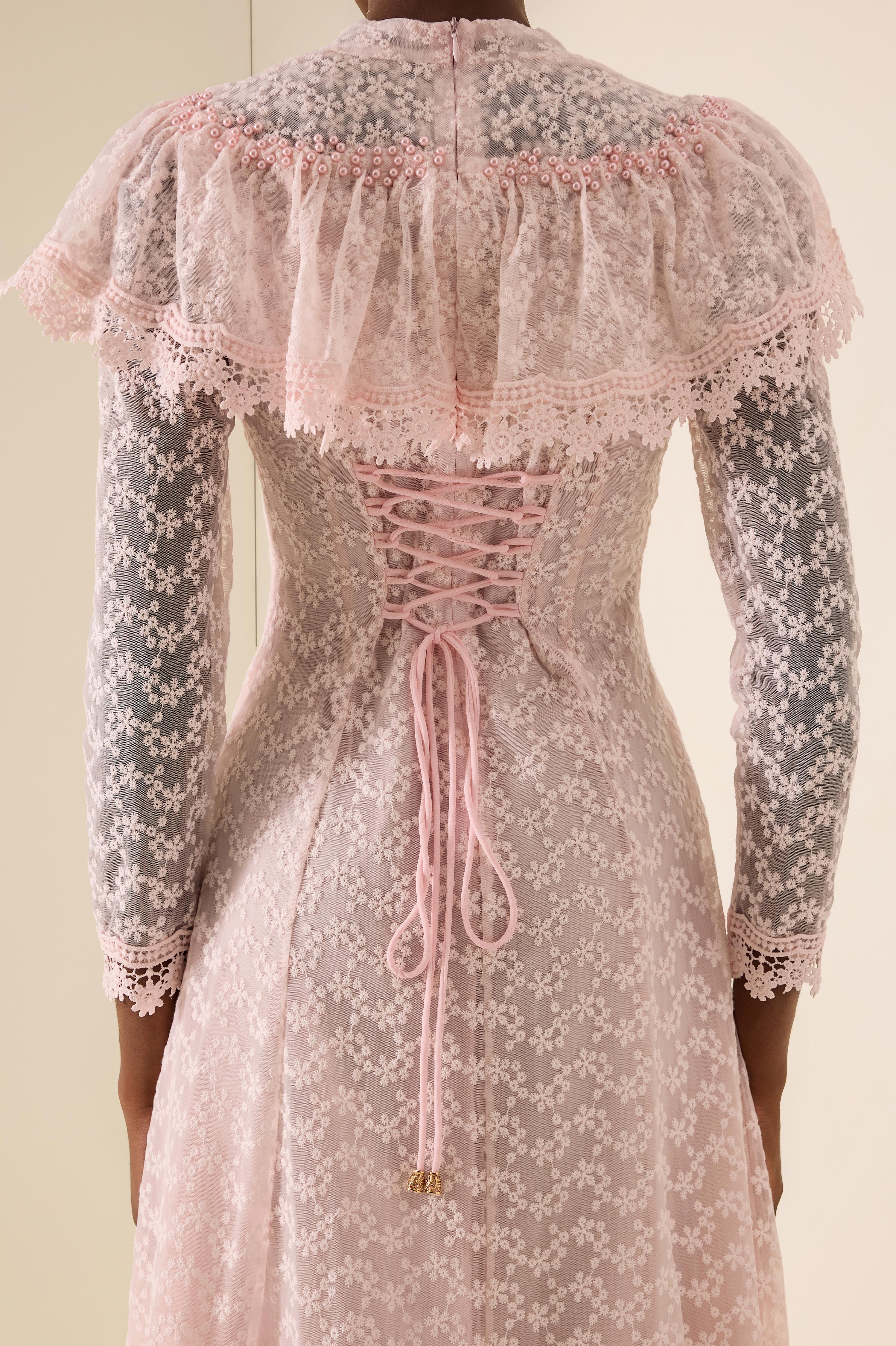 Lace Pearl Embellished V-Neck Maxi Dress With Cape