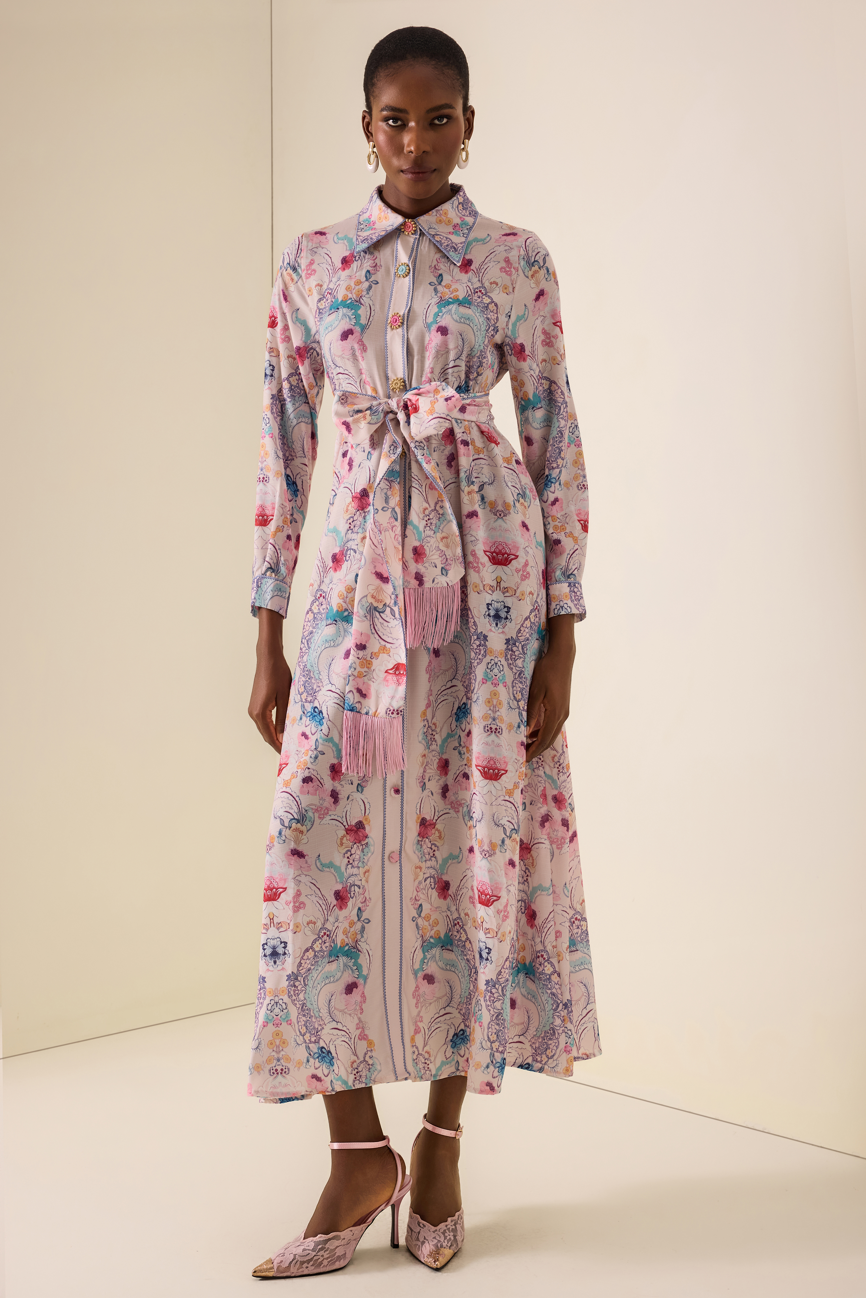Paisley Print Tassel Button Midi Dress