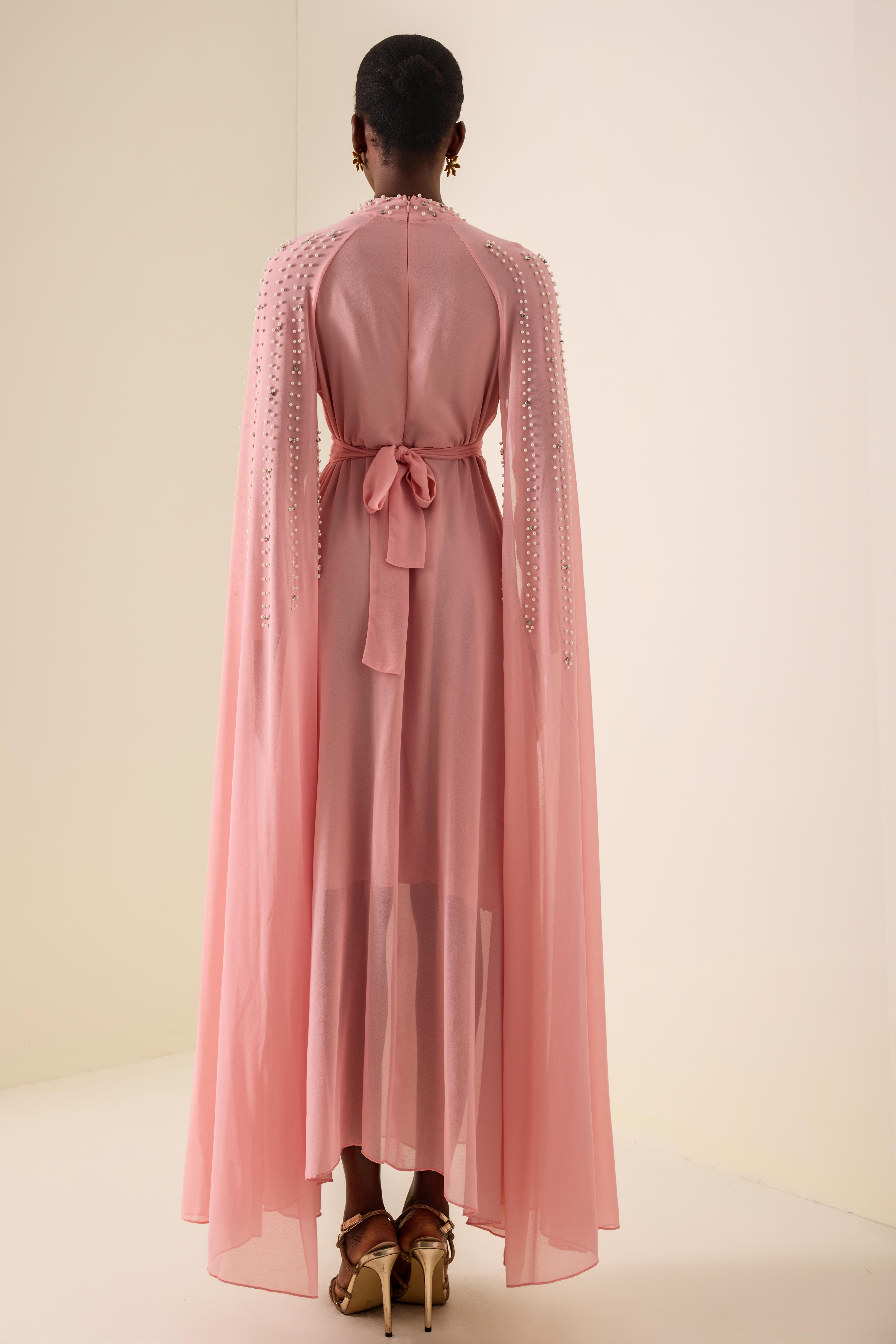 Faux Pearl Cape Sleeve Midi Dress With Belt