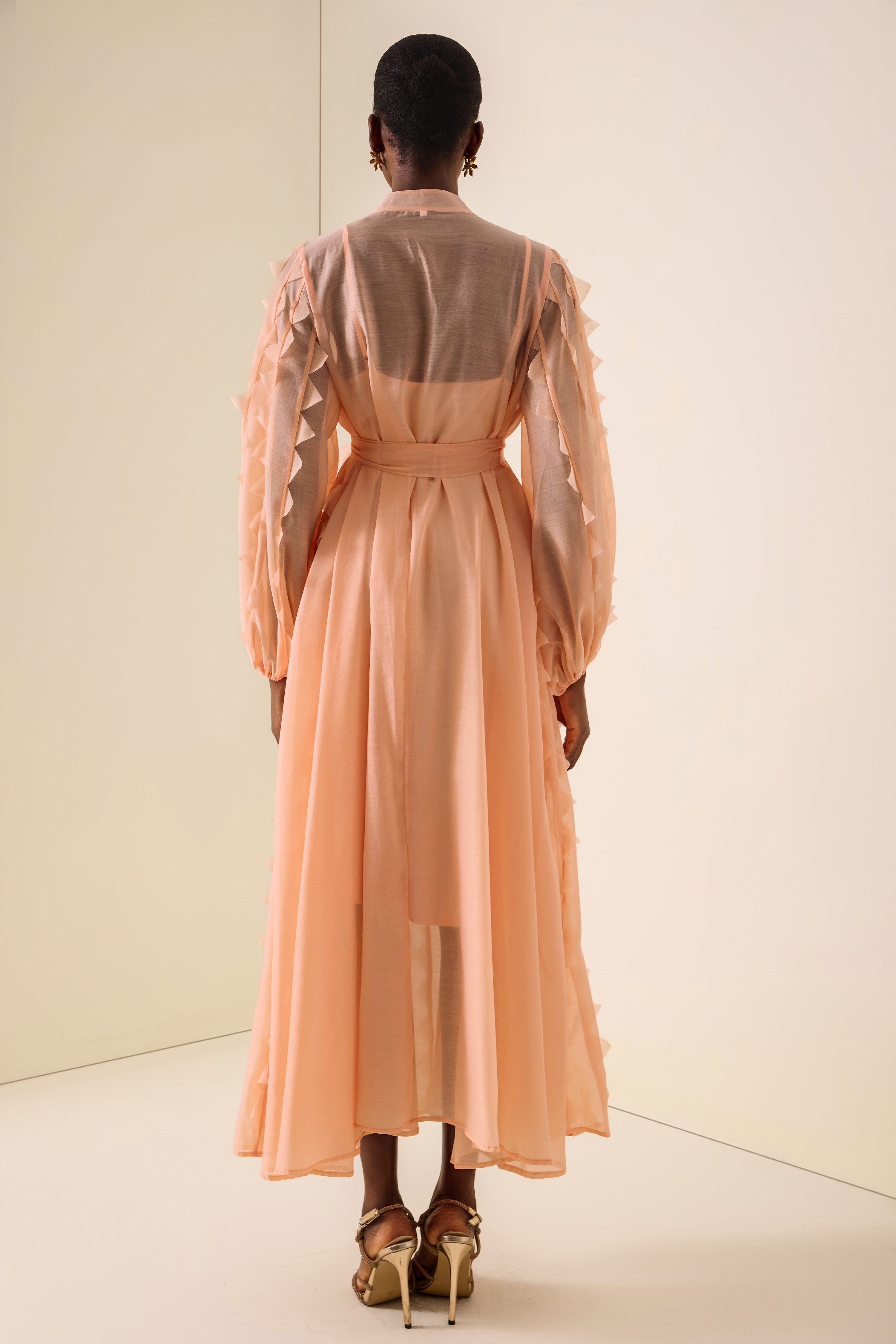 Frill V-Neck Long Sleeve Midi Dress