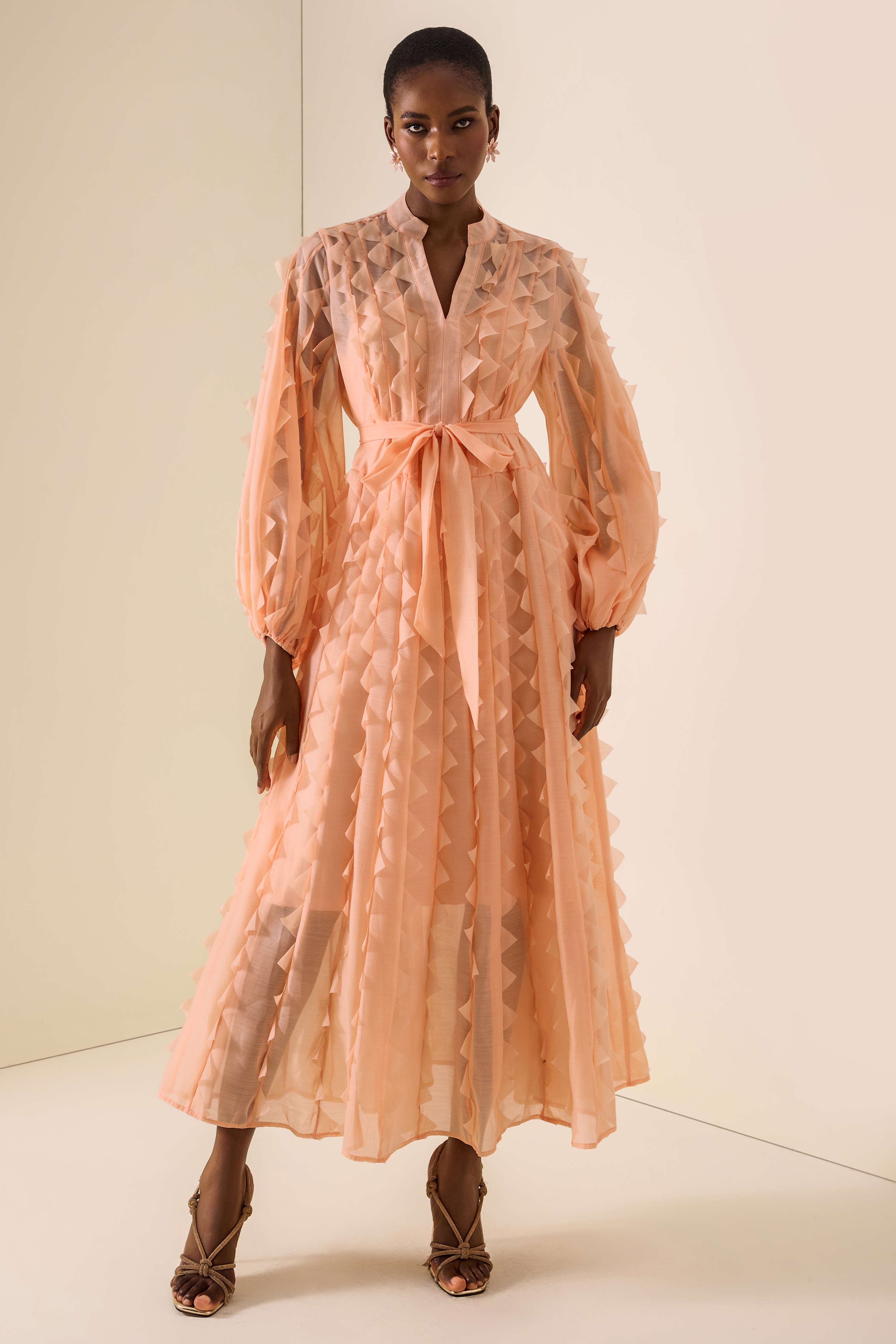 Frill V-Neck Long Sleeve Midi Dress