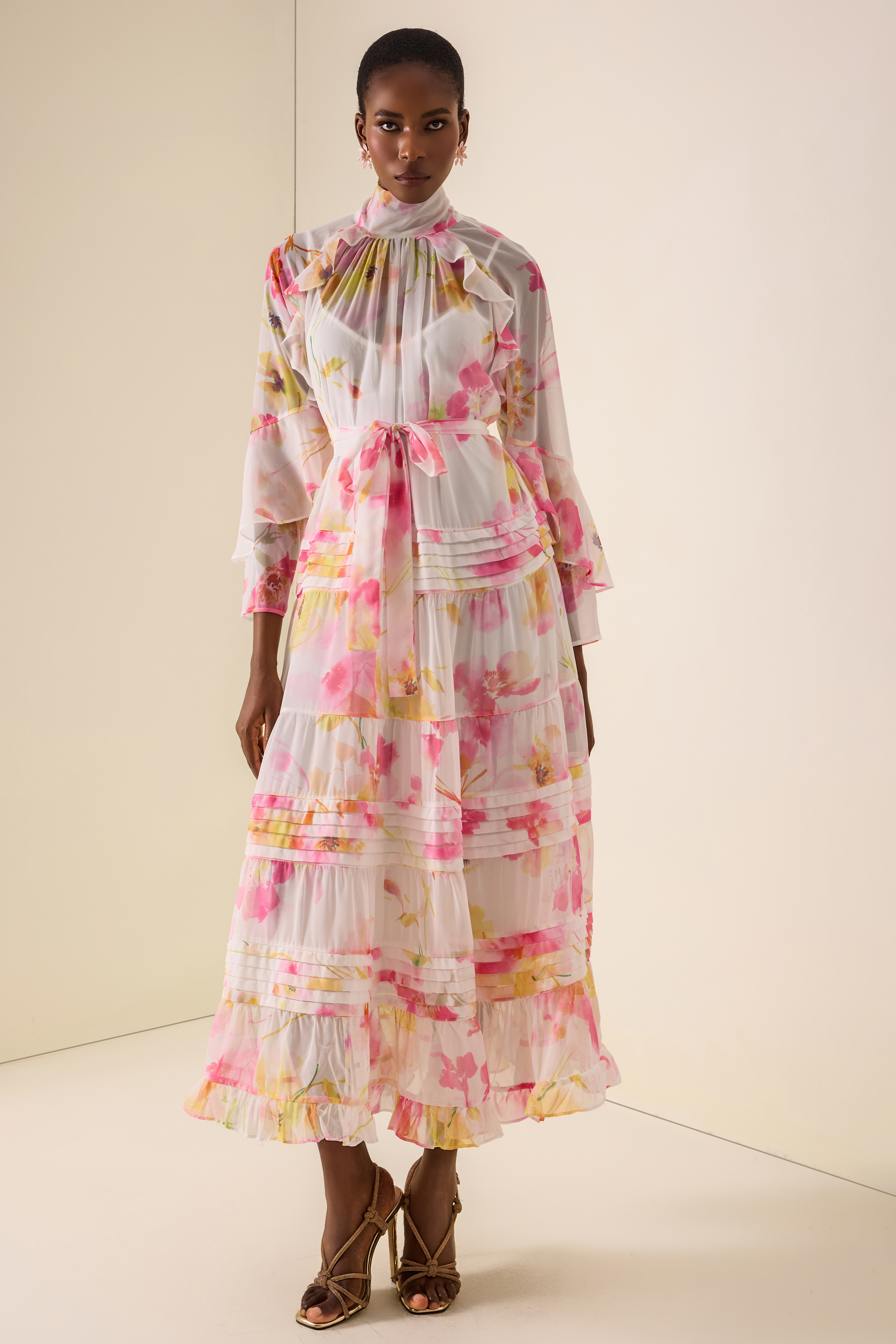 Floral Pleated Frill Midi Dress
