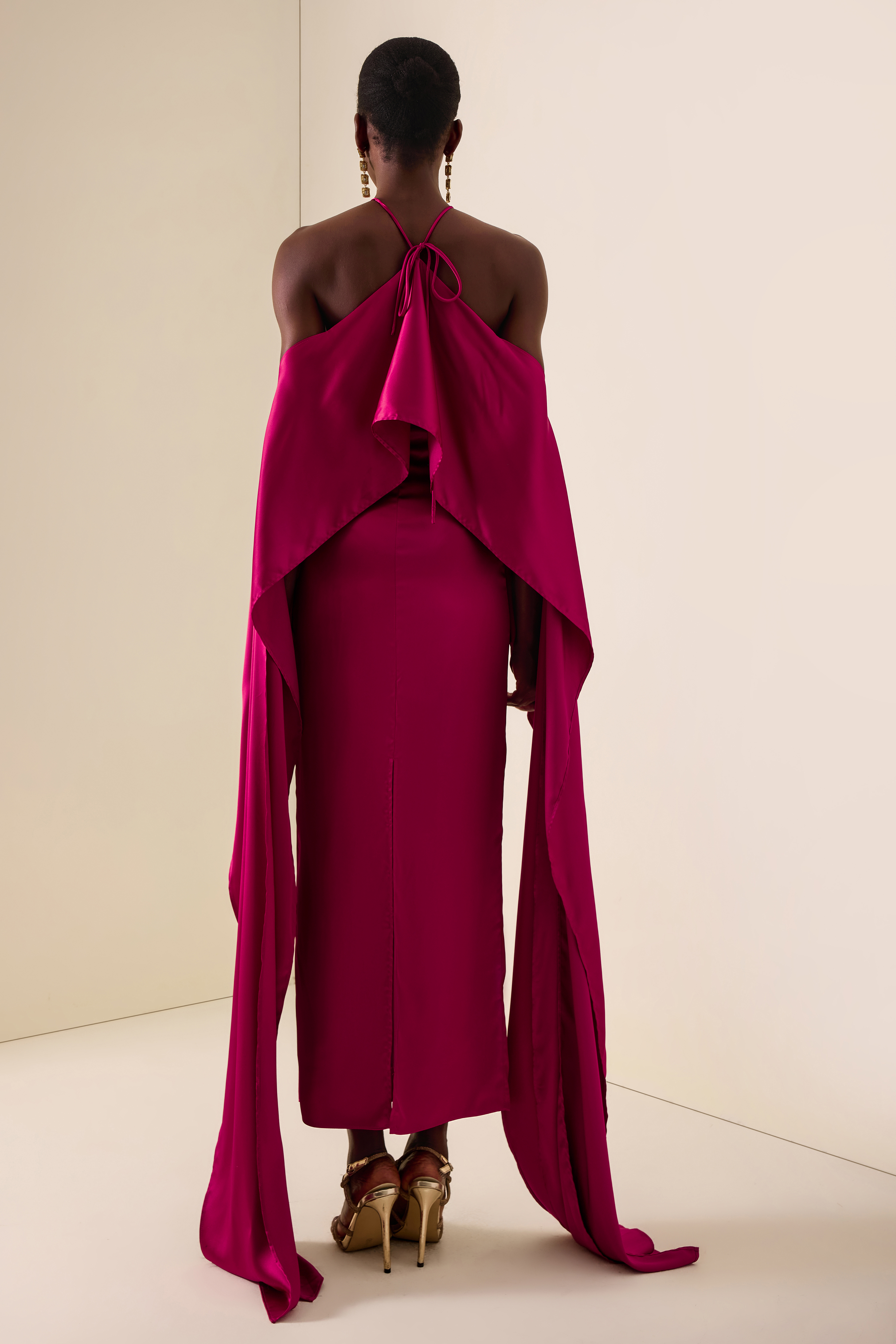 Satin Ruffle Halter Neck Maxi Dress
