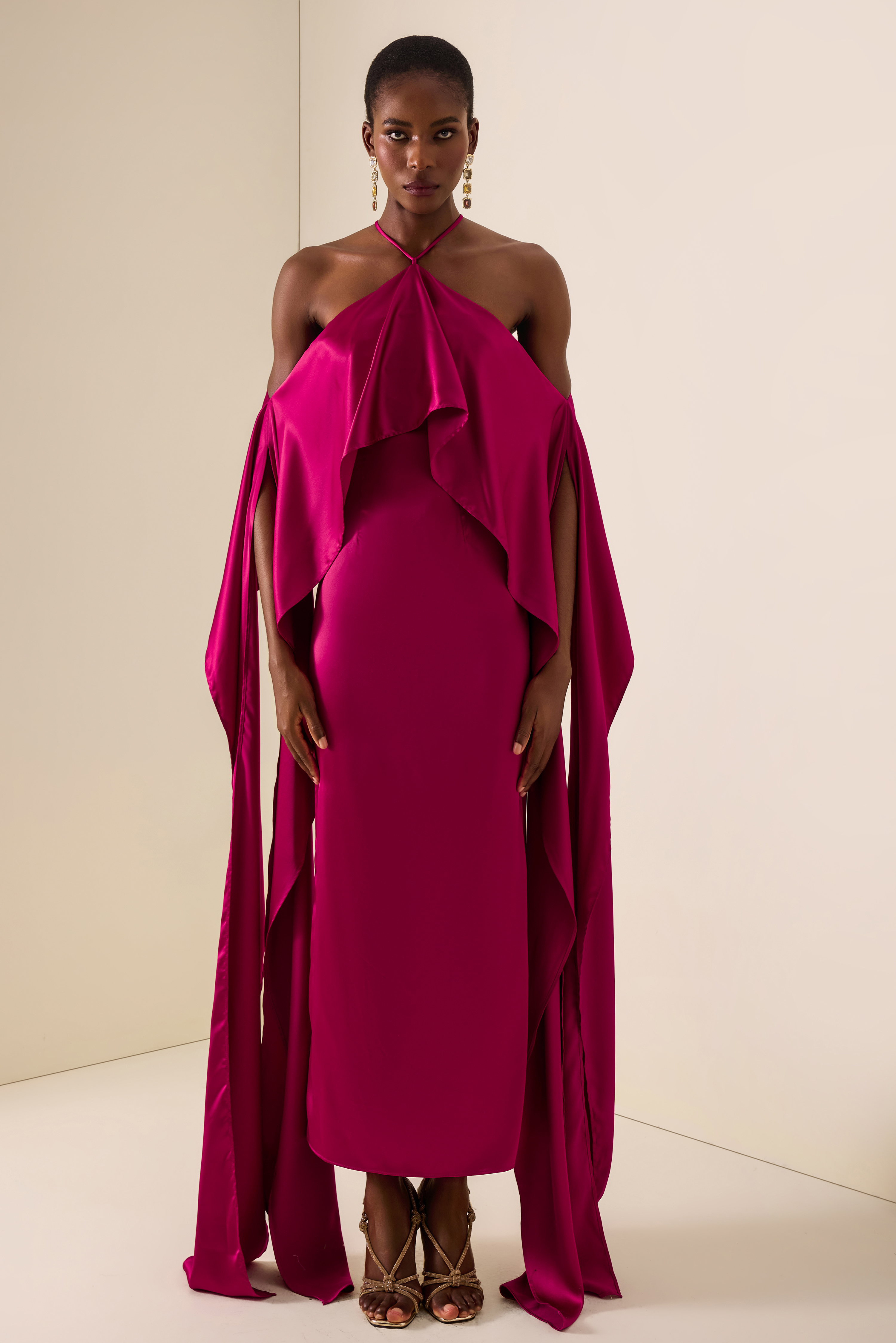 Satin Ruffle Halter Neck Maxi Dress