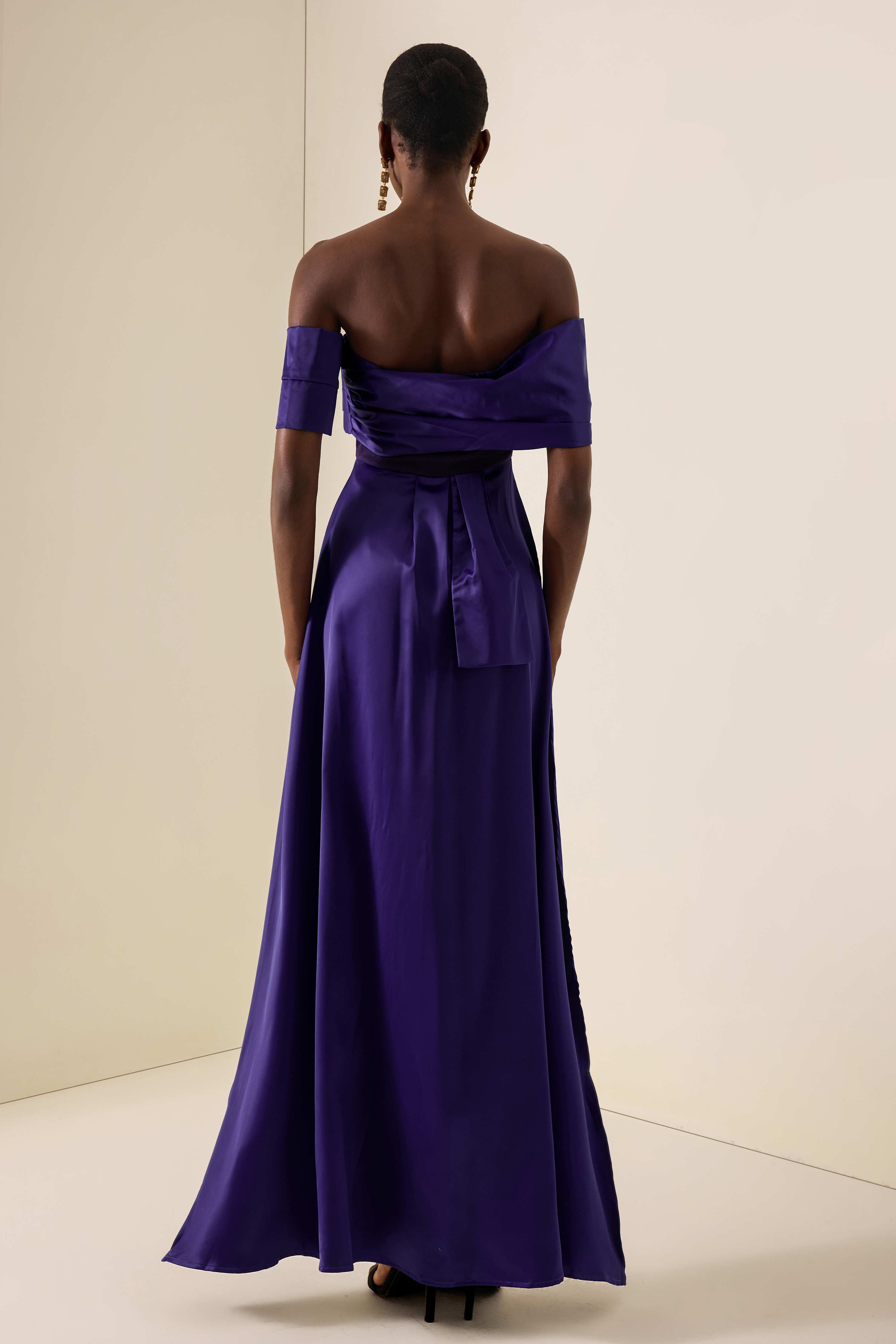 Satin Off Shoulder Pleated Maxi Dress