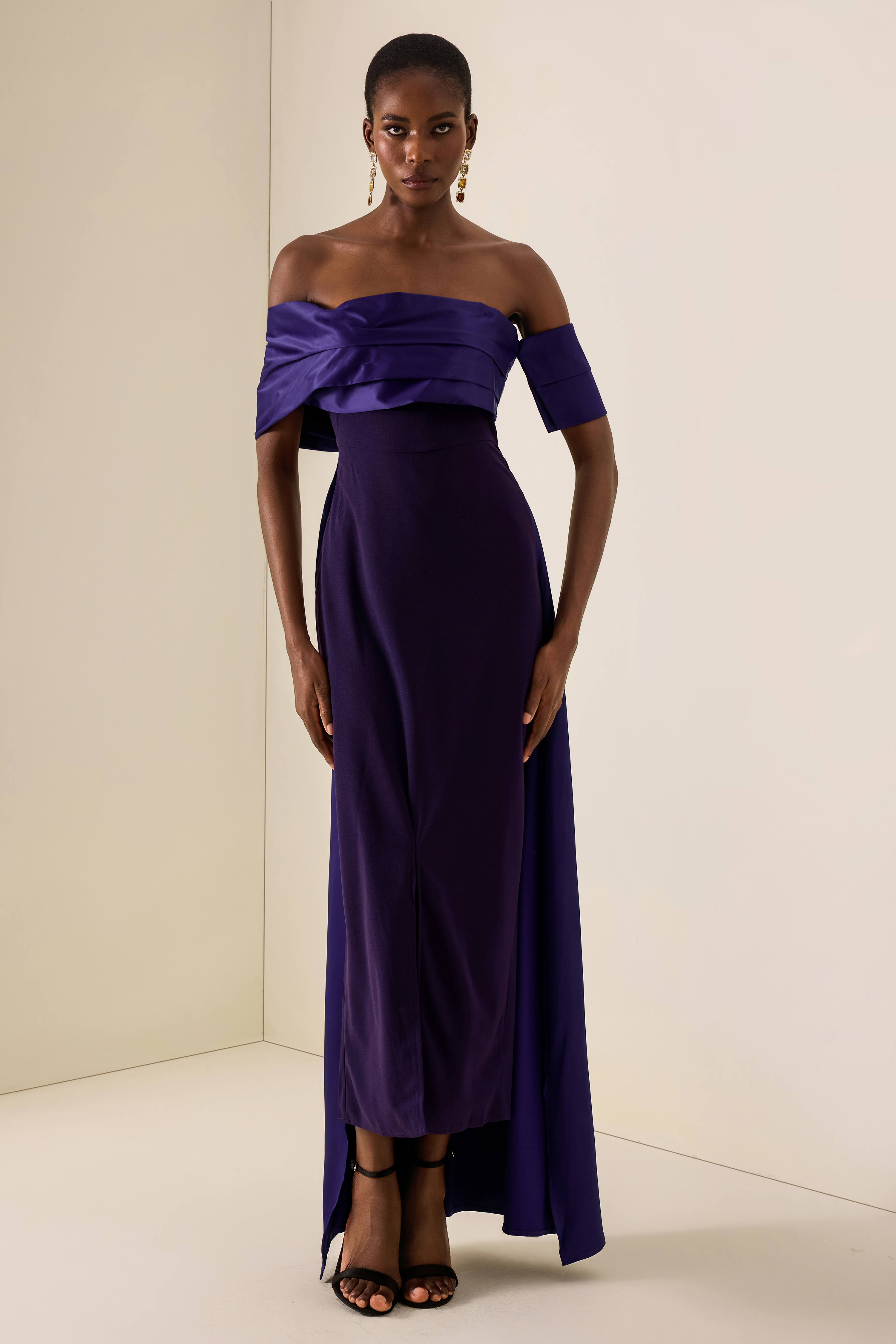 Satin Off Shoulder Pleated Maxi Dress