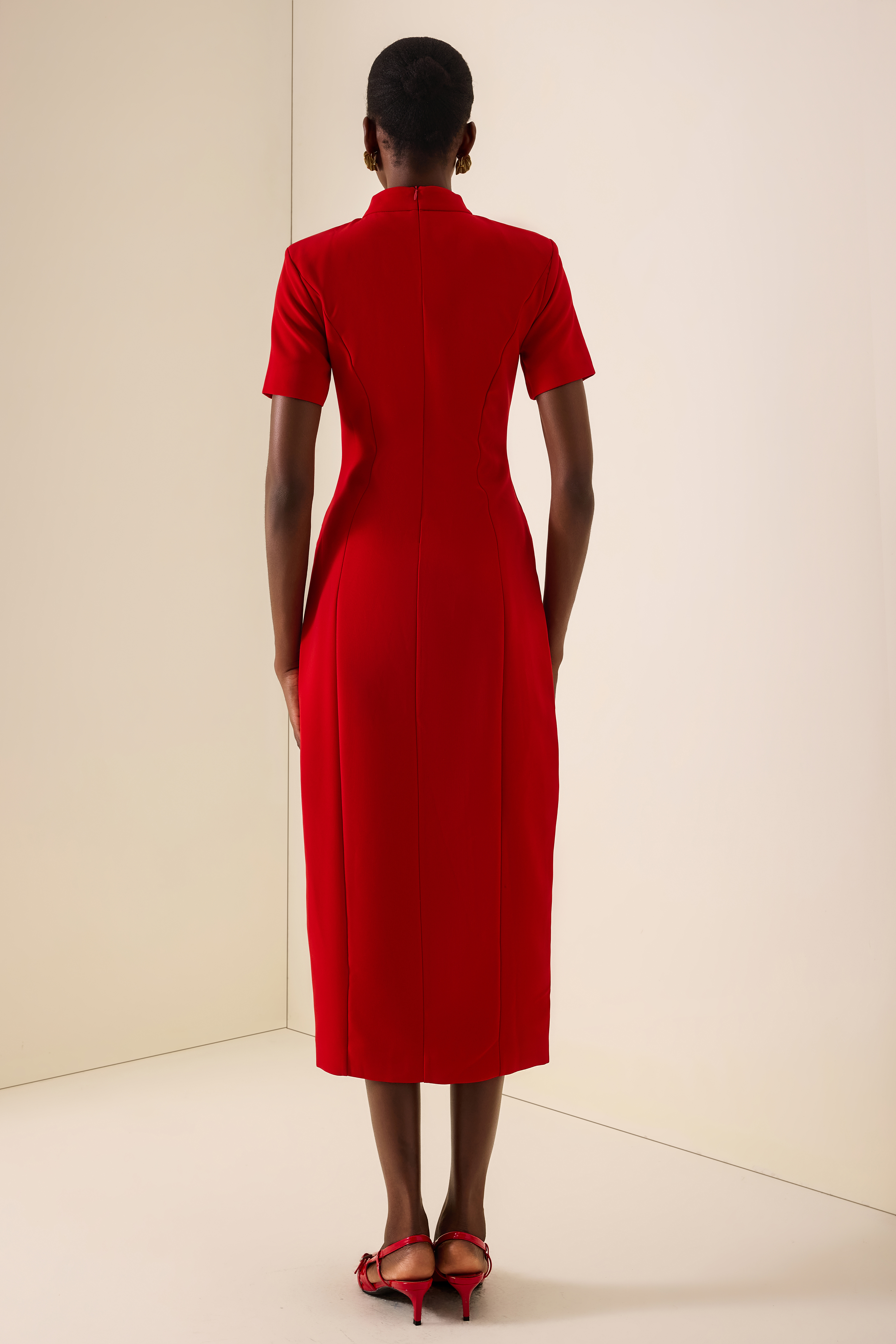 Stand Collar Metal Button Slit Midi Dress