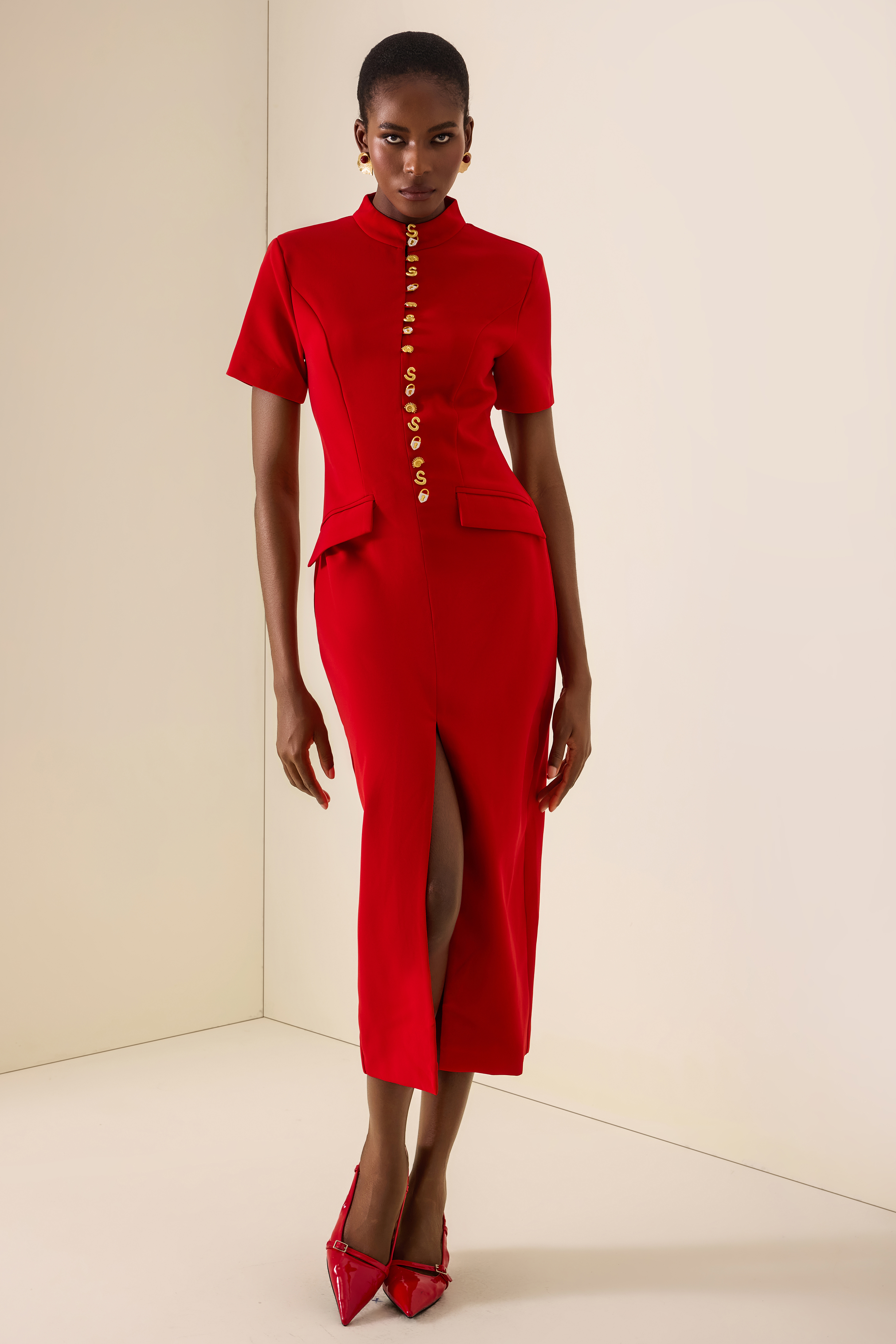 Stand Collar Metal Button Slit Midi Dress