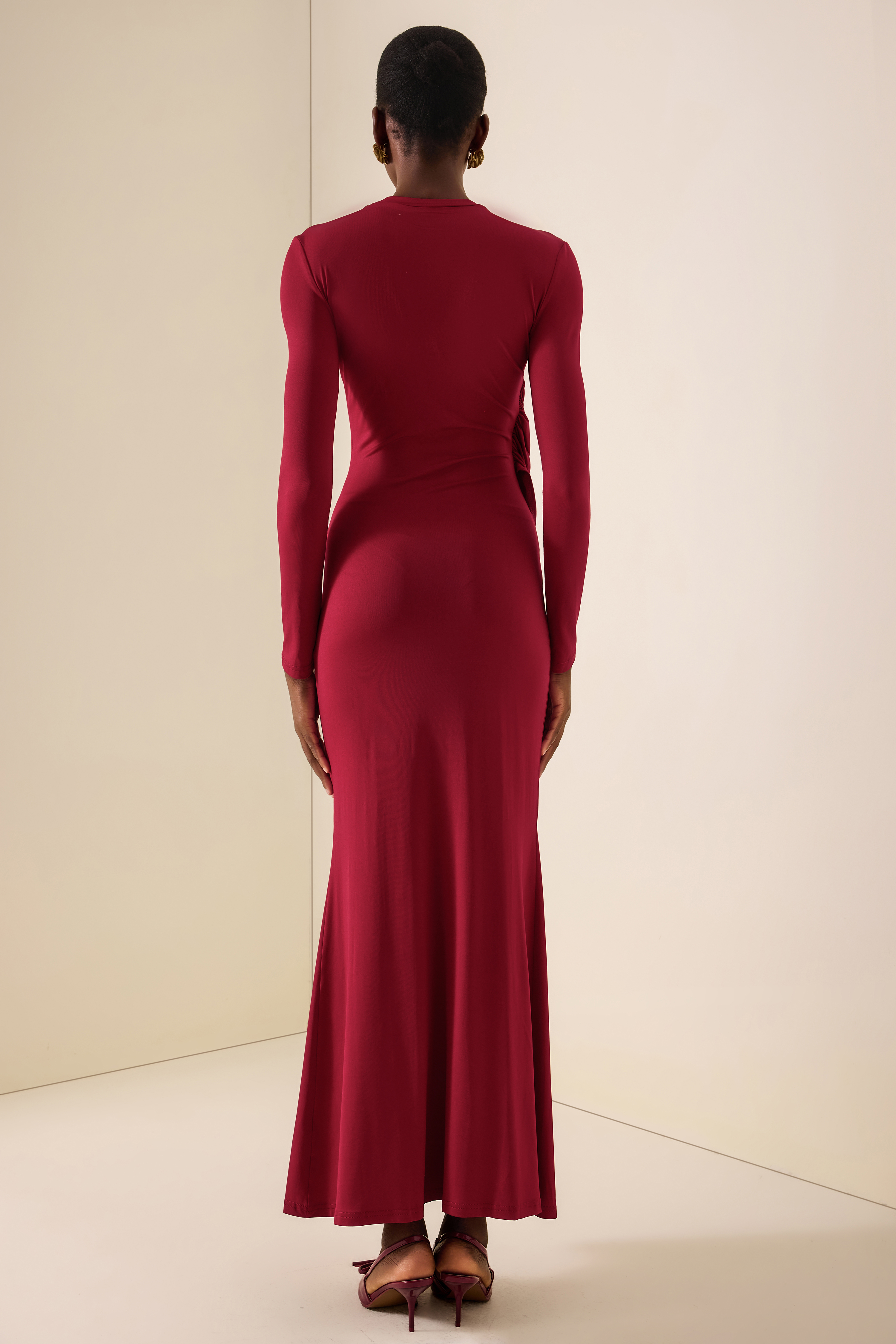 Gathering Knotted Long Sleeve Maxi Dress