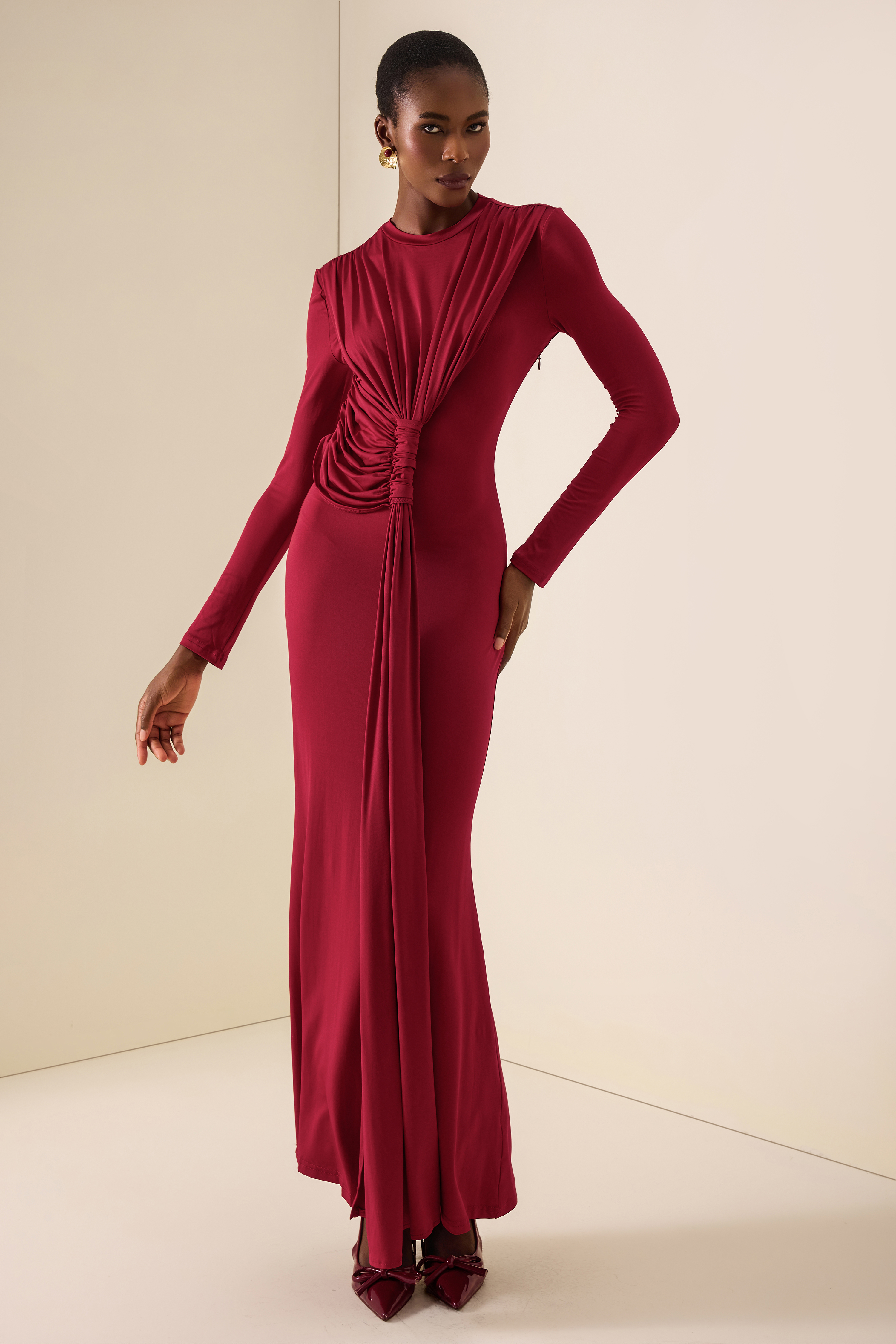 Gathering Knotted Long Sleeve Maxi Dress