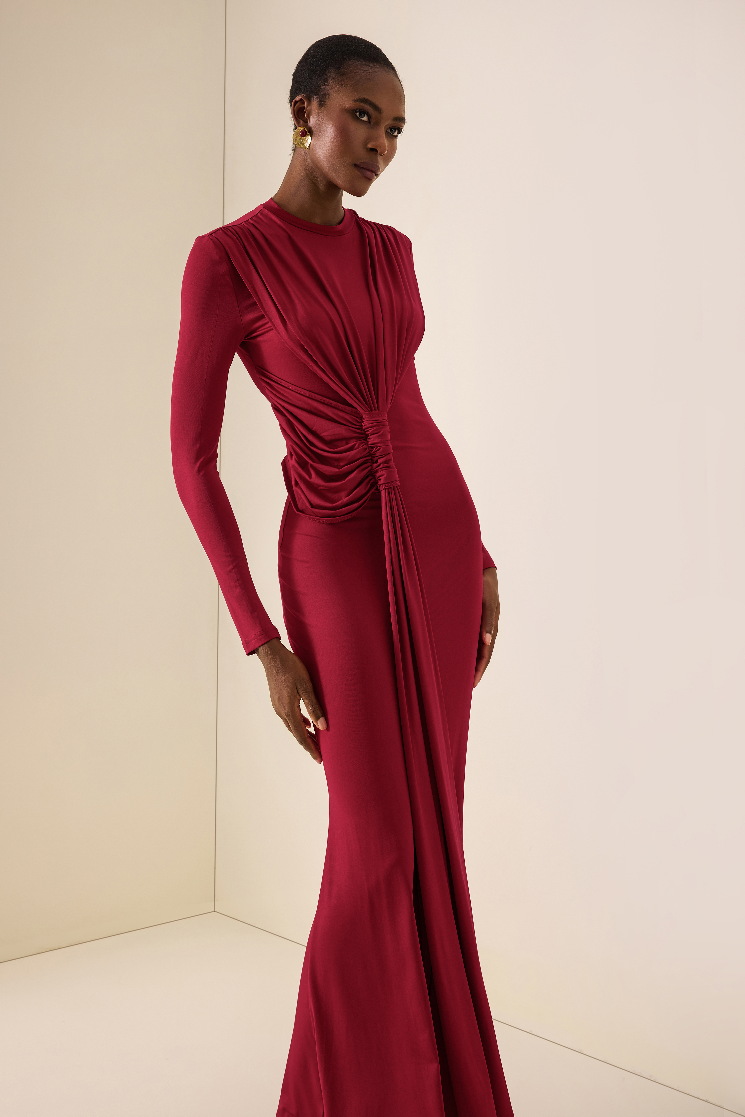 Gathering Knotted Long Sleeve Maxi Dress