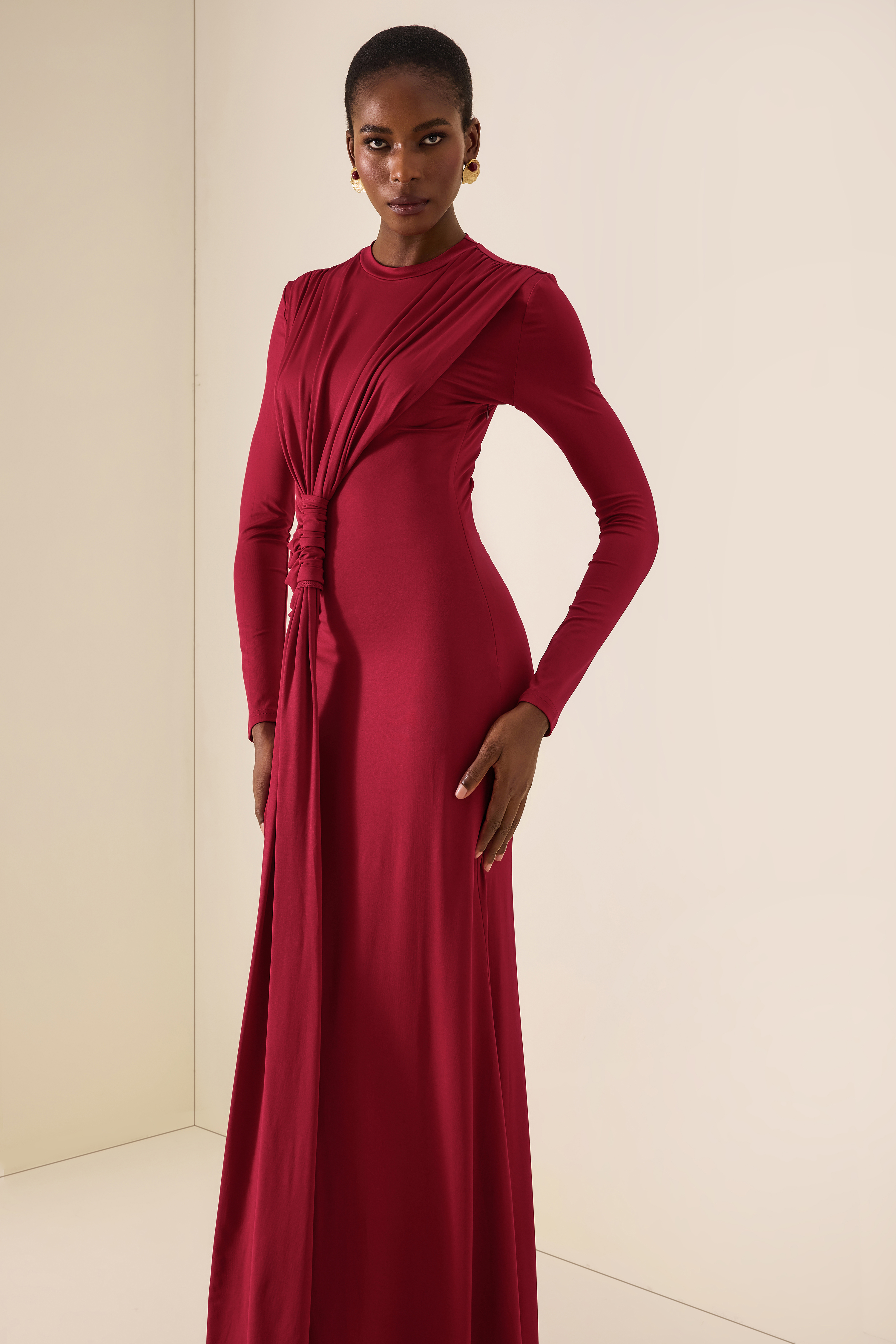Gathering Knotted Long Sleeve Maxi Dress