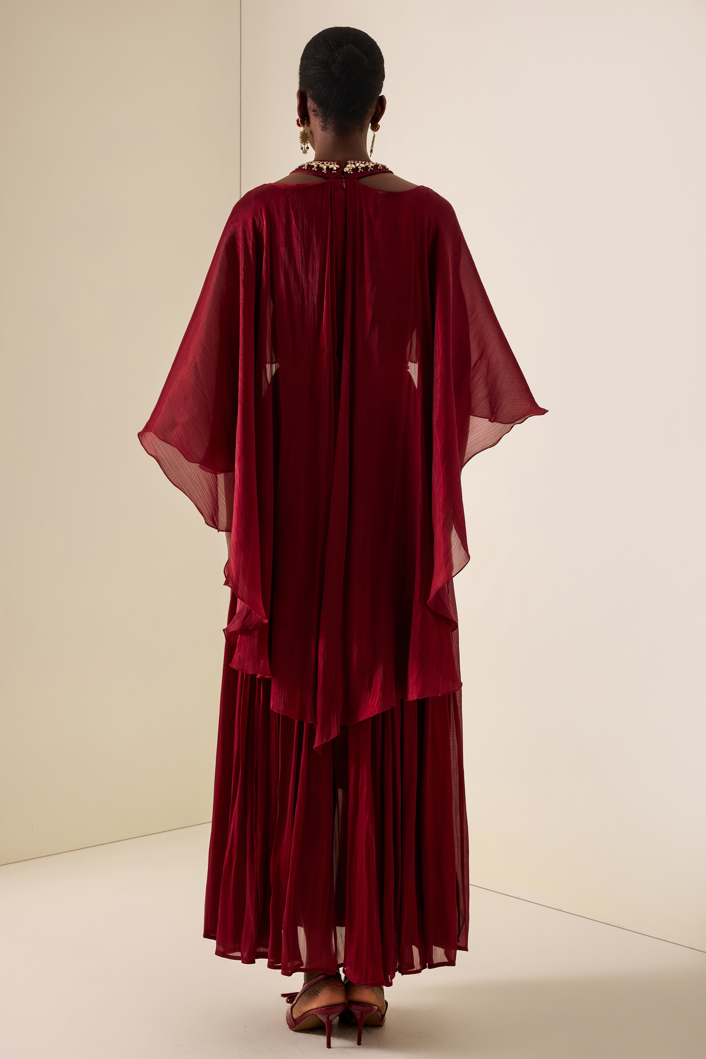 Rhinestone Rivets Cape Sleeve Midi Dress