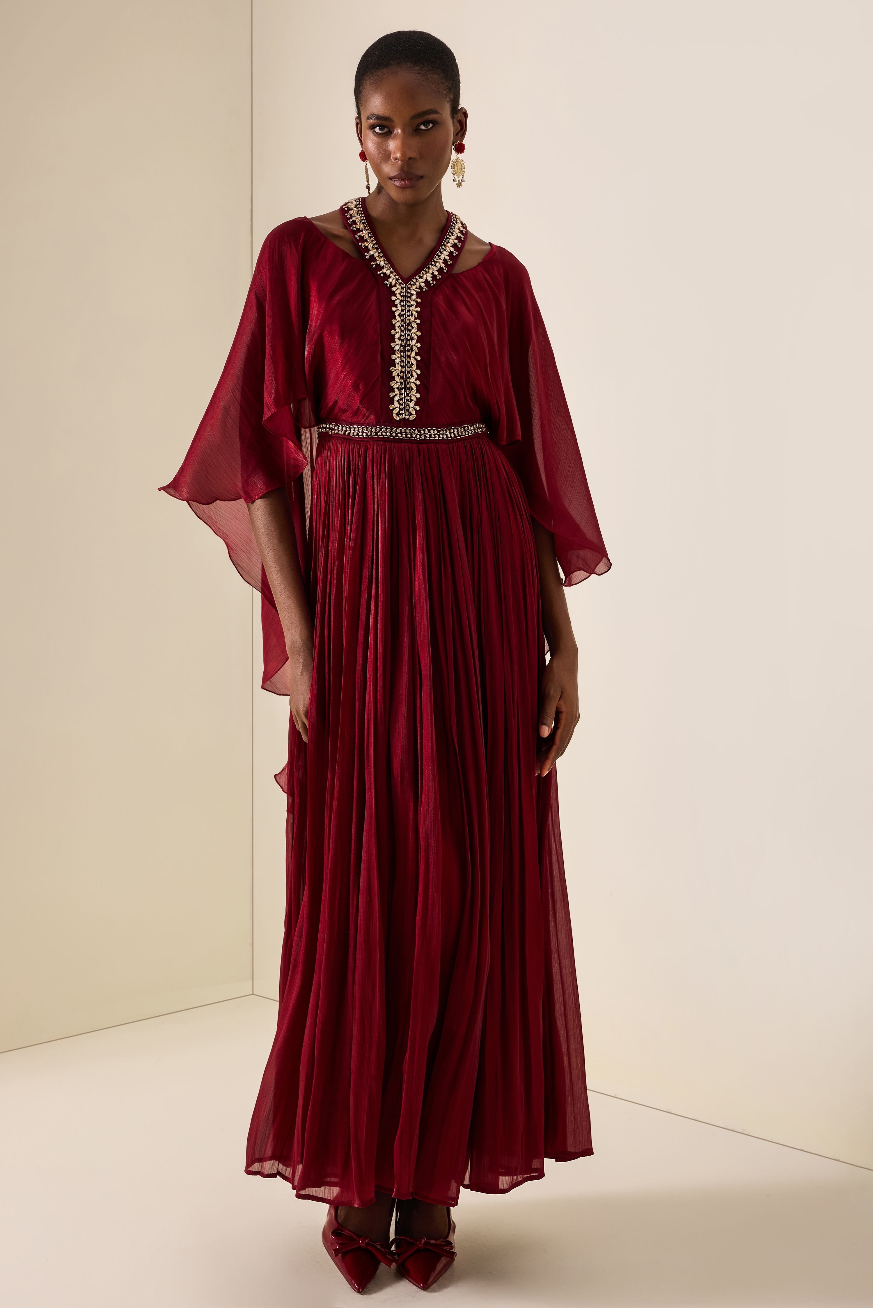 Rhinestone Rivets Cape Sleeve Midi Dress
