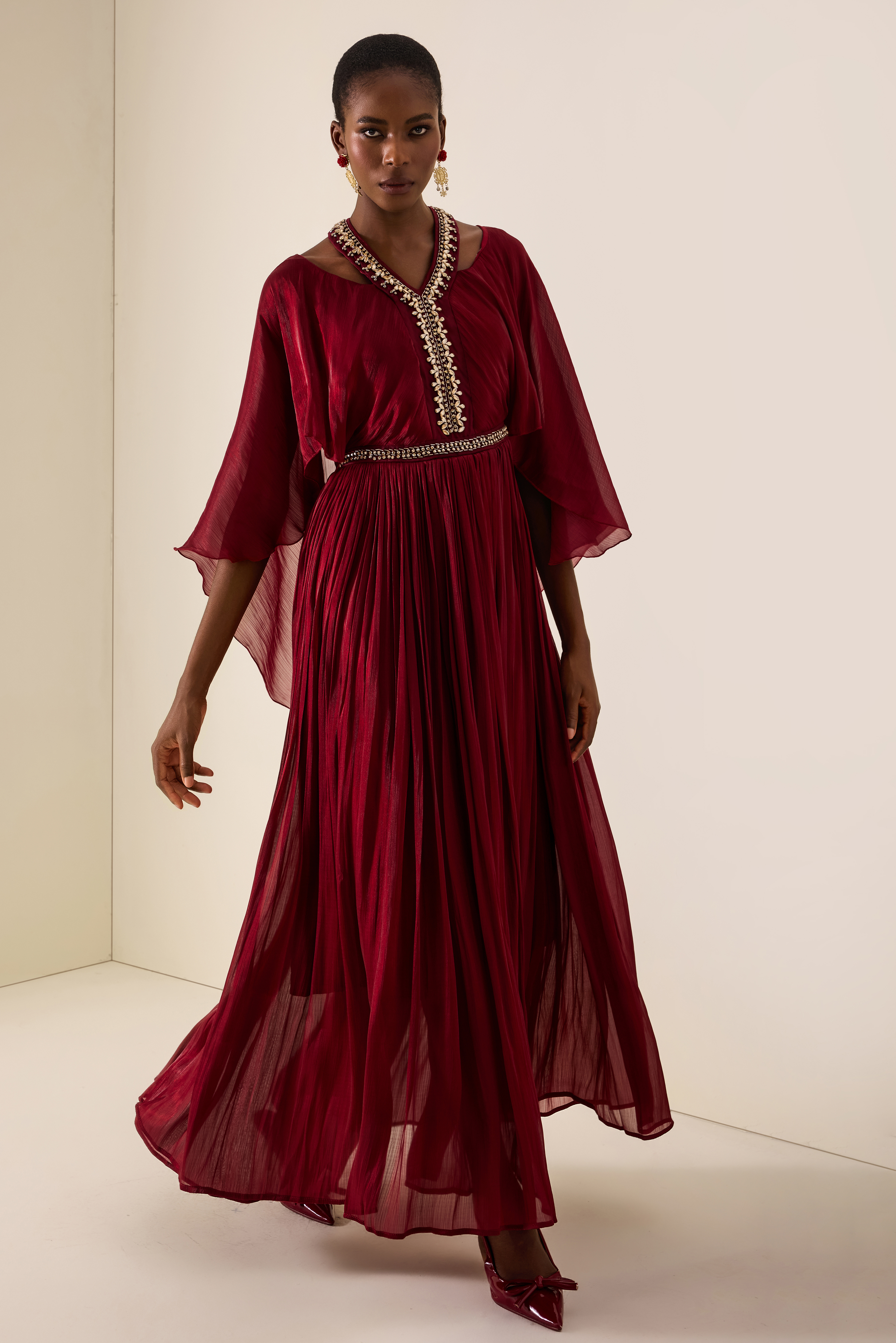 Rhinestone Rivets Cape Sleeve Midi Dress