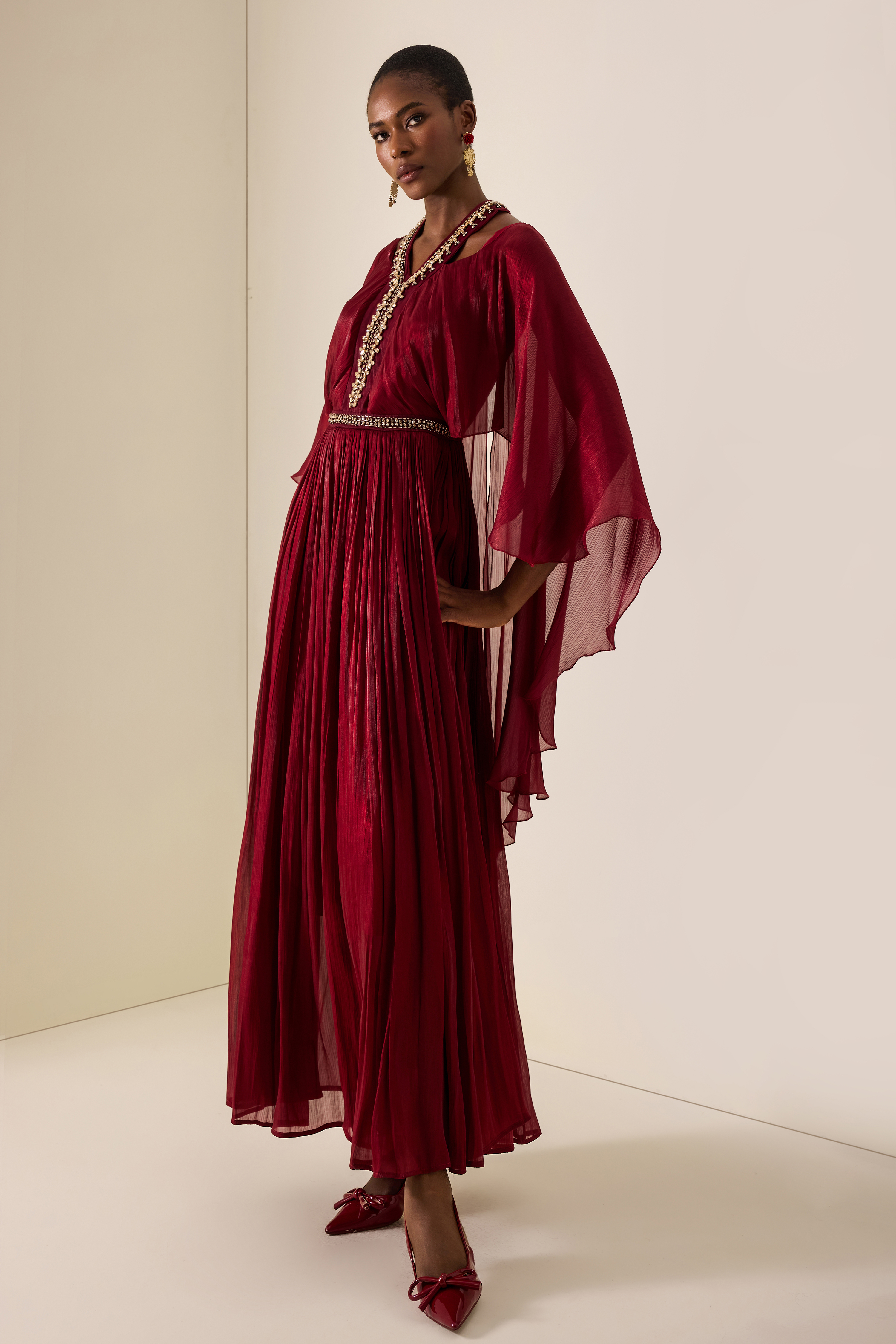 Rhinestone Rivets Cape Sleeve Midi Dress