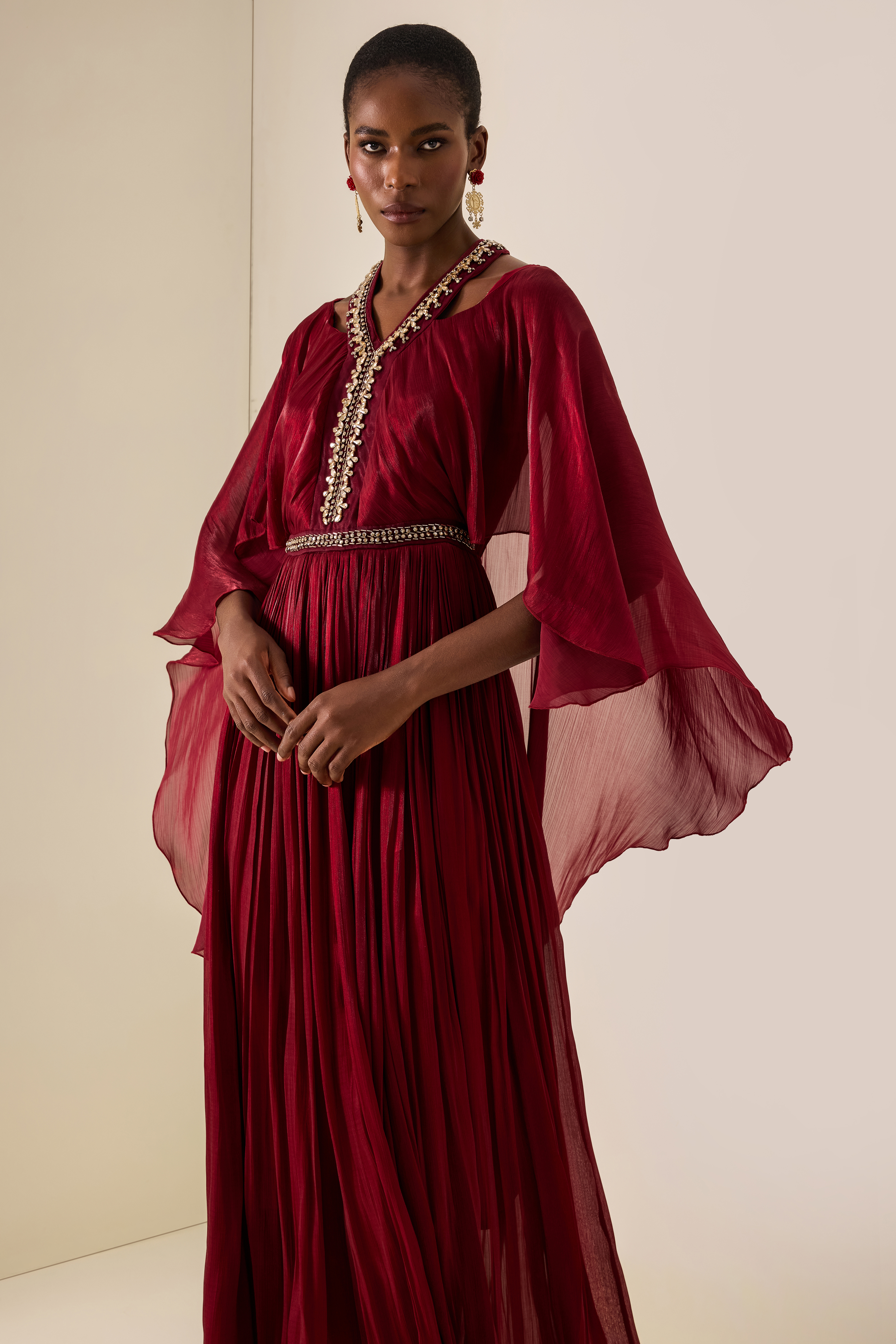 Rhinestone Rivets Cape Sleeve Midi Dress